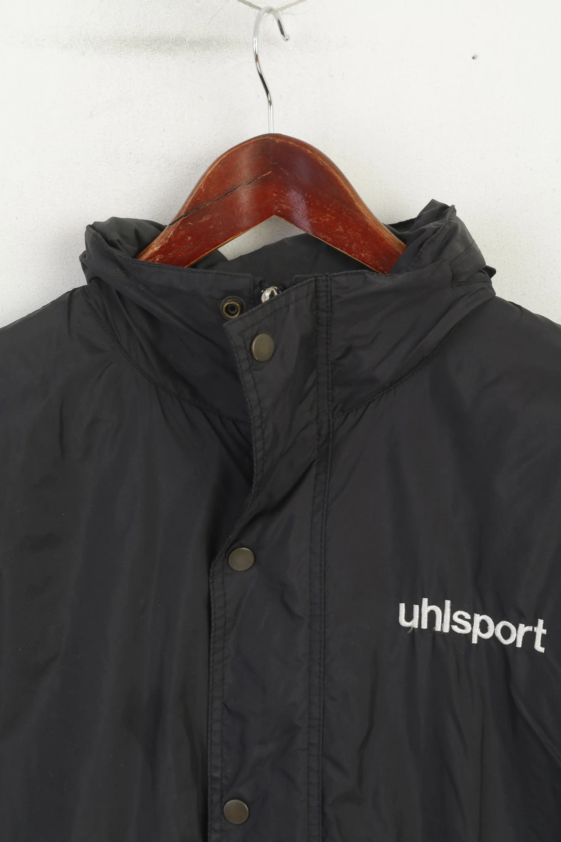 Uhlsport Men 54 L Jacket Black Vintage Nylon Waterproof Hidden Hood Sport Top