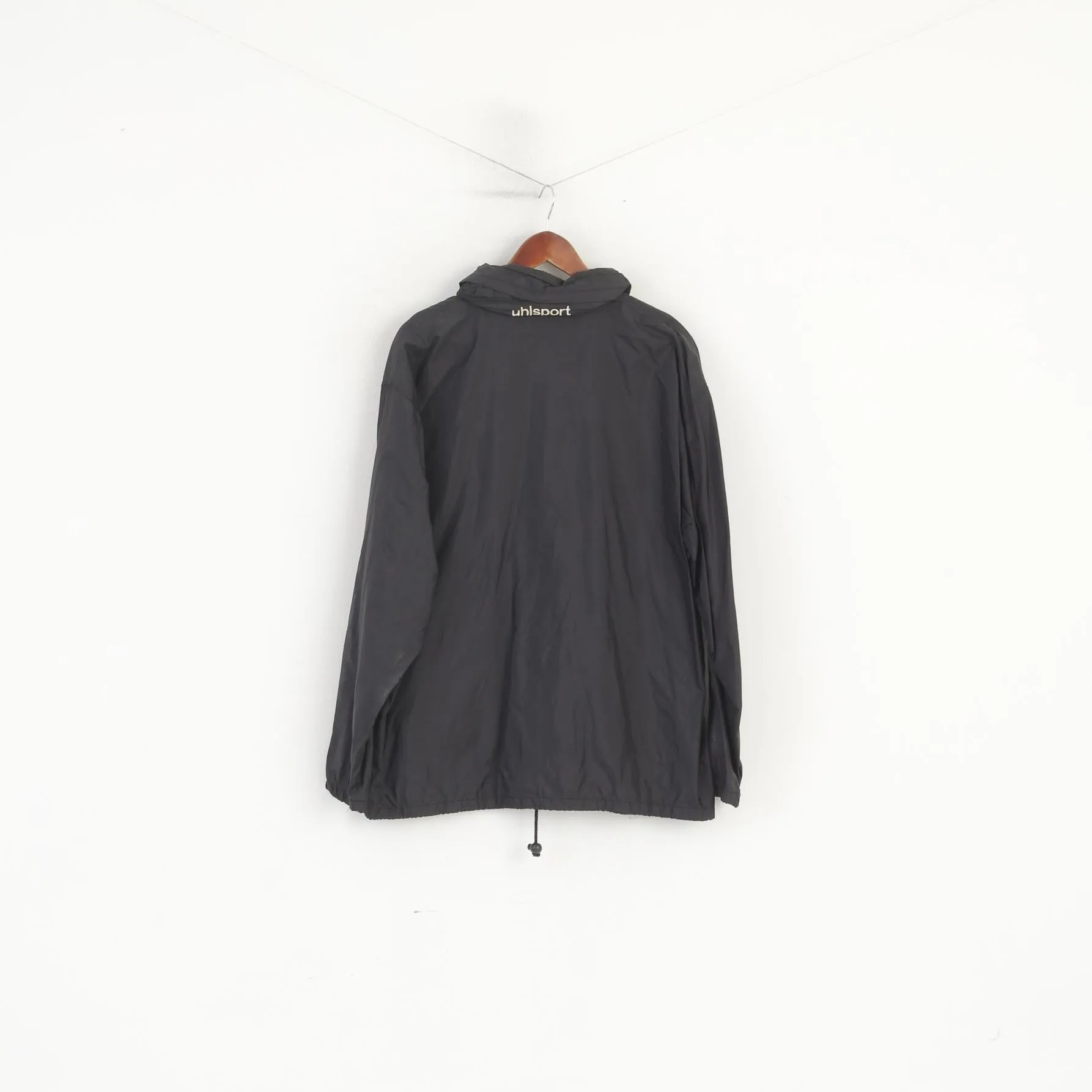 Uhlsport Men 54 L Jacket Black Vintage Nylon Waterproof Hidden Hood Sport Top