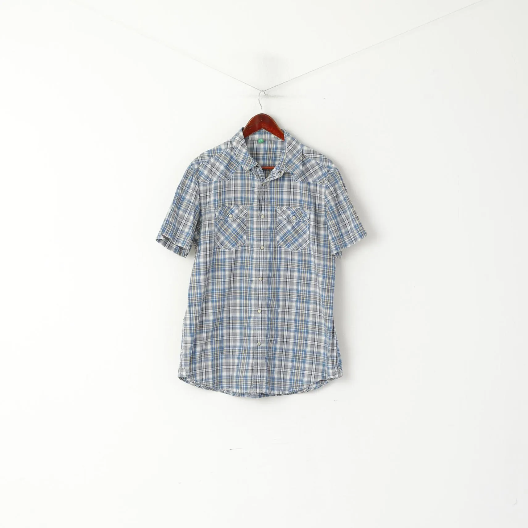 United Colors Of Benetton Men XL (L) Casual Shirt Blue Cotton Checkered Snap Pocket Top