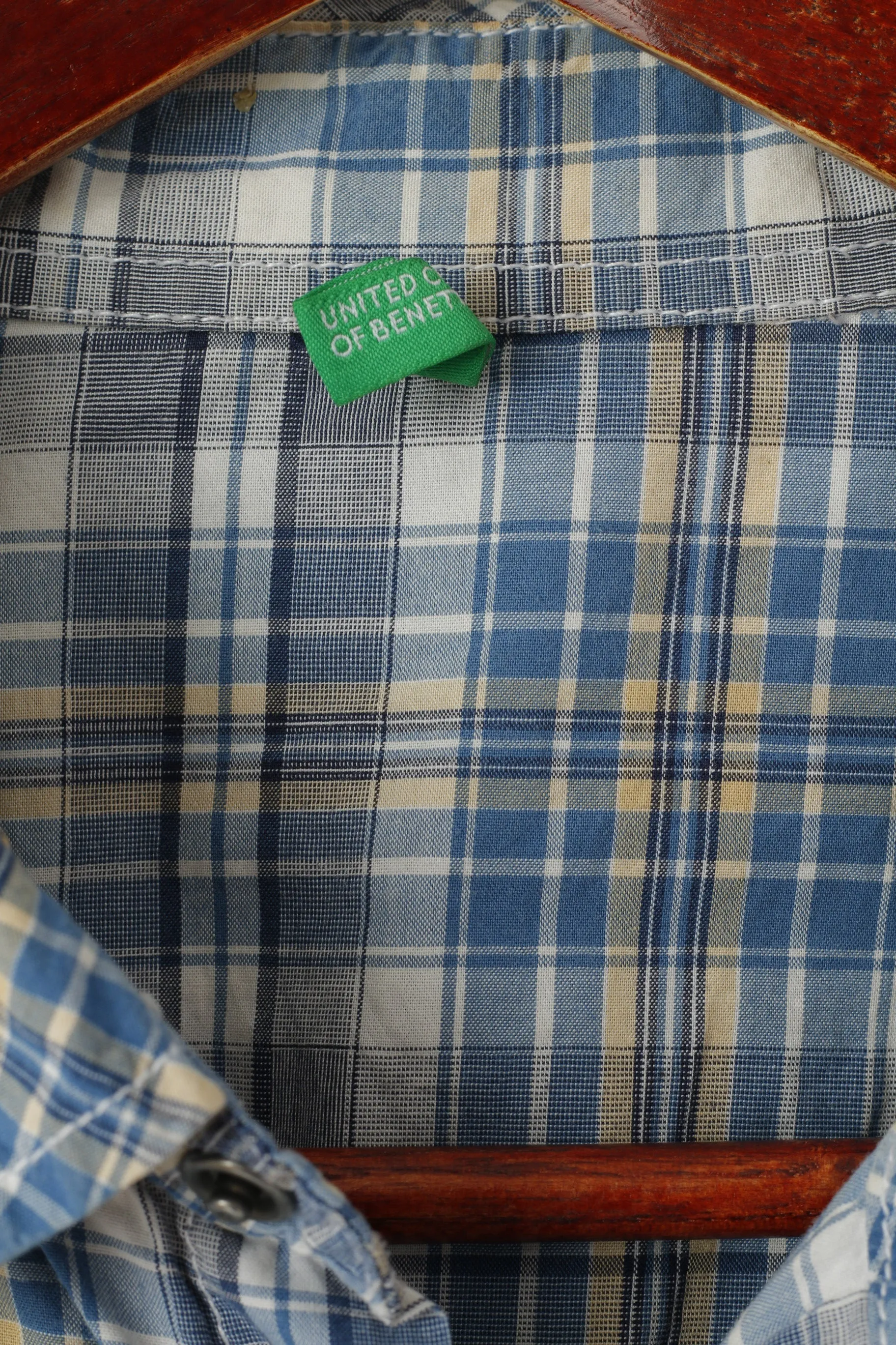 United Colors Of Benetton Men XL (L) Casual Shirt Blue Cotton Checkered Snap Pocket Top