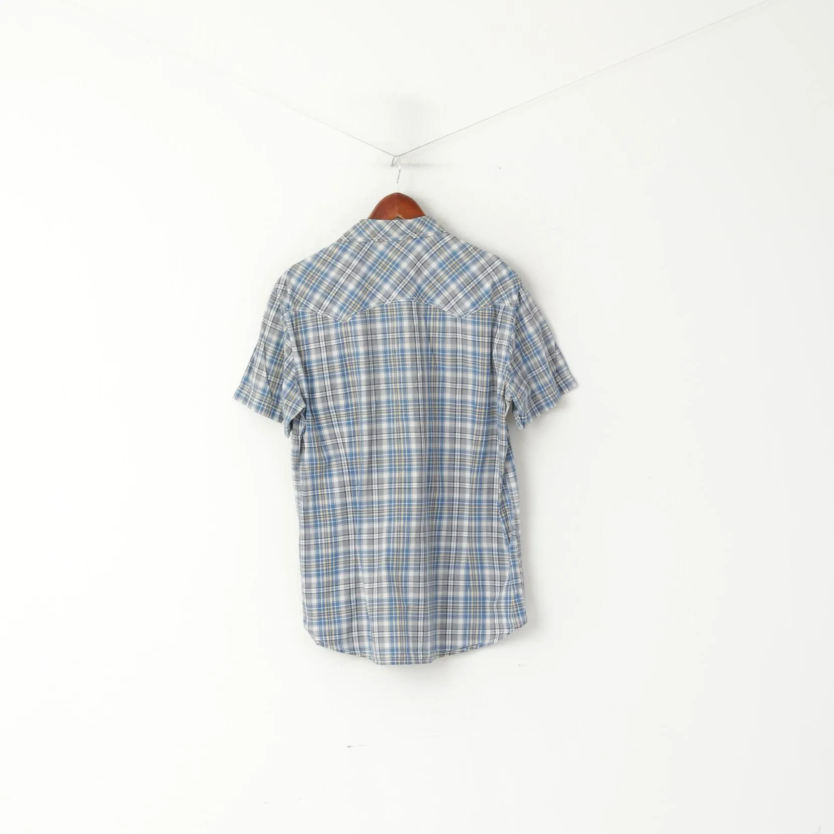 United Colors Of Benetton Men XL (L) Casual Shirt Blue Cotton Checkered Snap Pocket Top