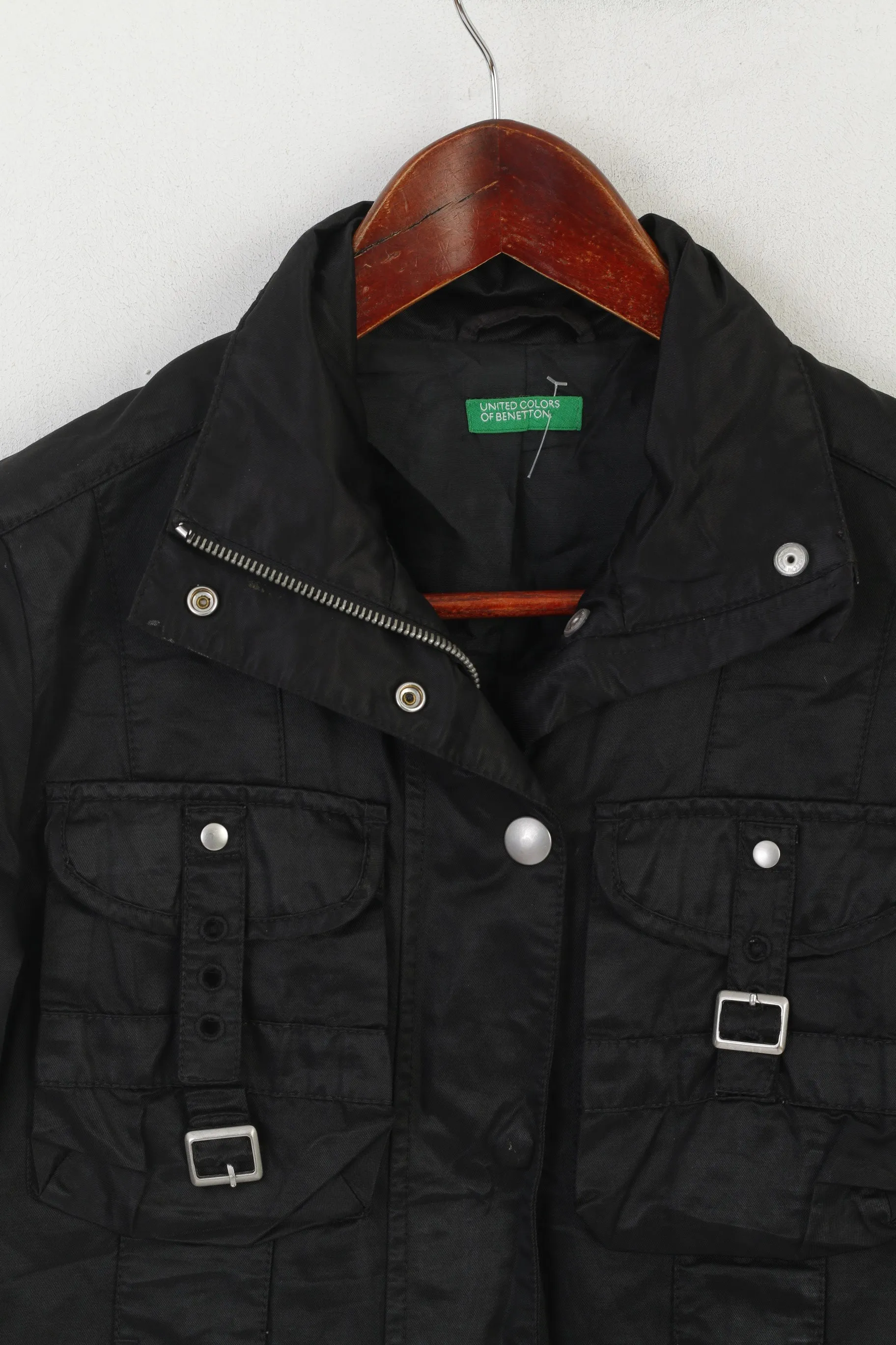 United Colors Of Benetton Women 38 XXS Jacket Black Shiny Cropped Zip Up Top
