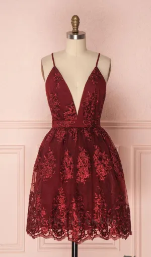 V NECK TULLE LACE SHORT BURGUNDY PROM DRESSES Gloria Lanvin