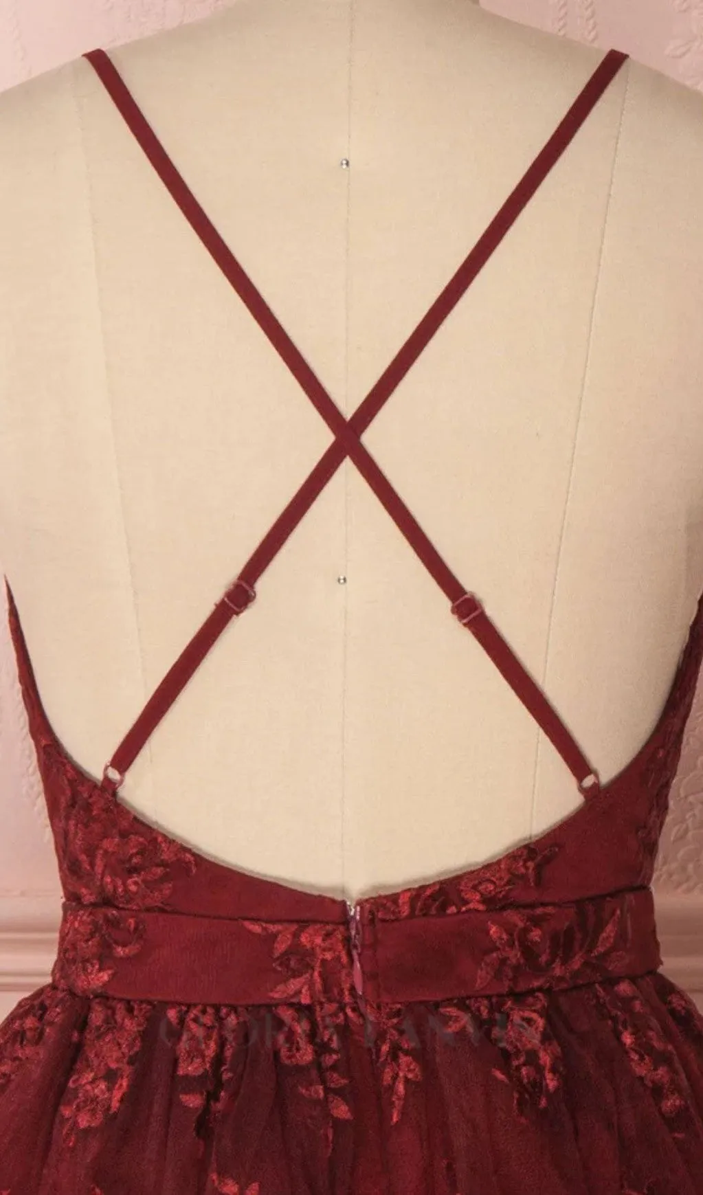 V NECK TULLE LACE SHORT BURGUNDY PROM DRESSES Gloria Lanvin