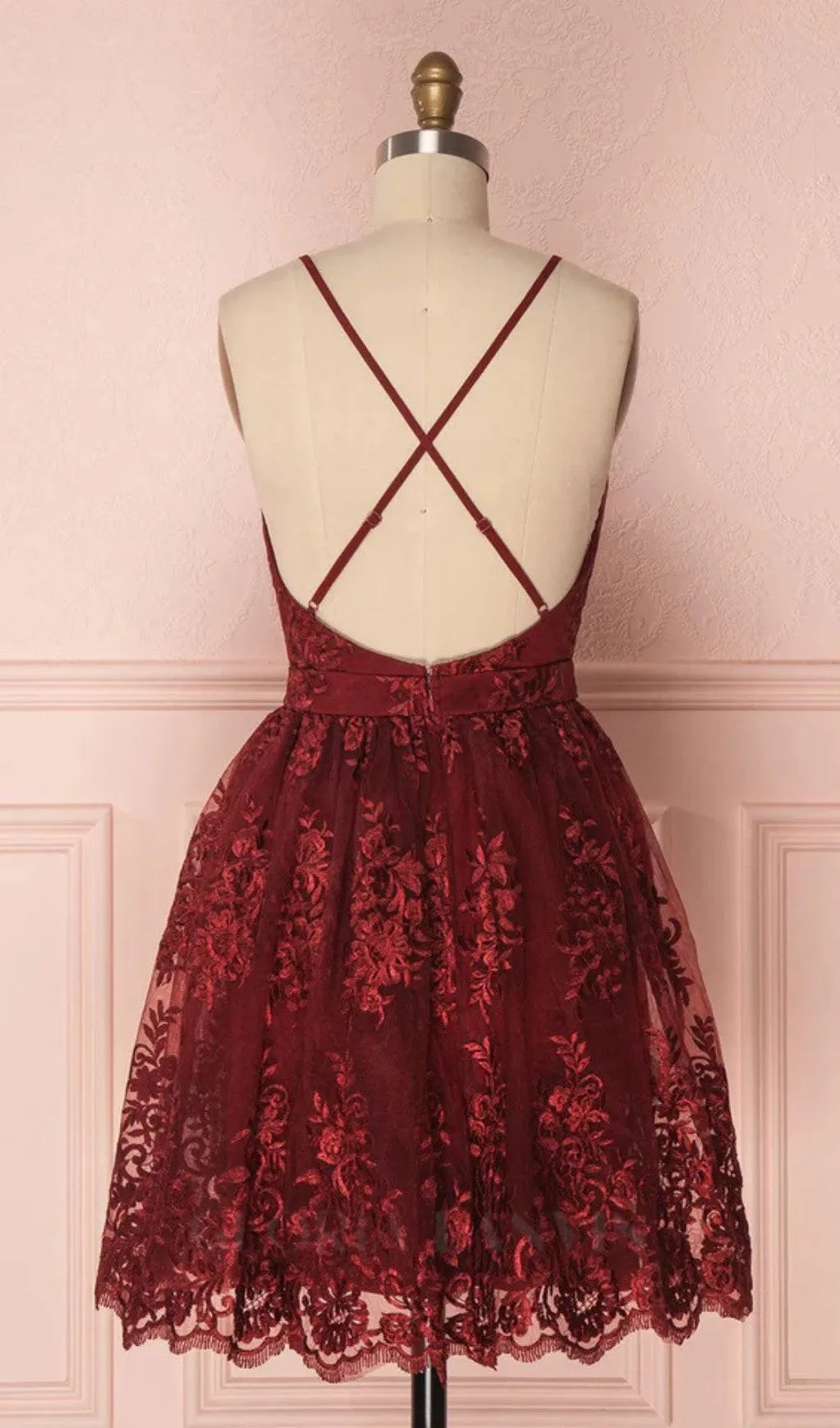 V NECK TULLE LACE SHORT BURGUNDY PROM DRESSES Gloria Lanvin