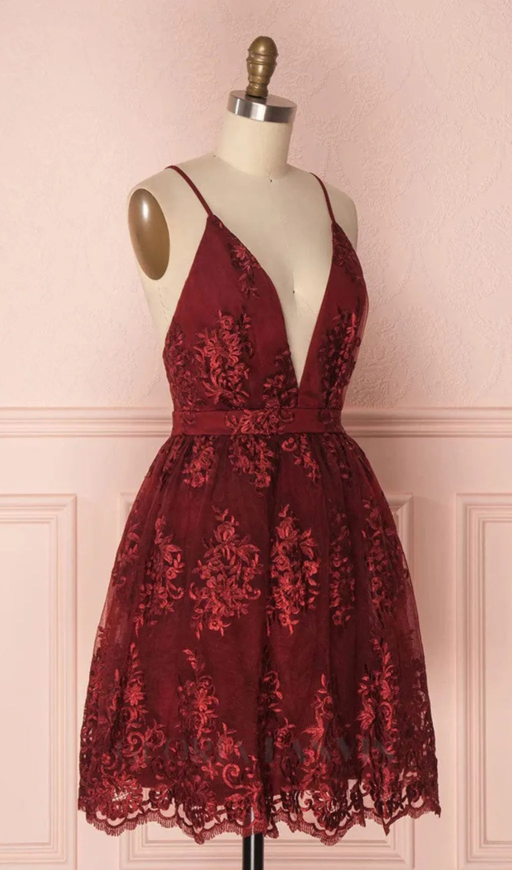 V NECK TULLE LACE SHORT BURGUNDY PROM DRESSES Gloria Lanvin
