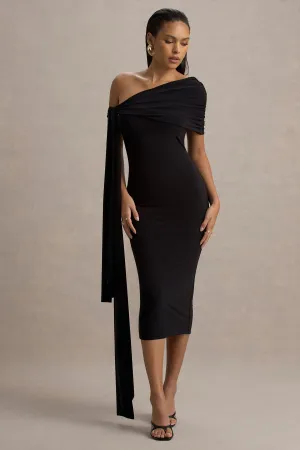 Vallea | Black One-Shoulder Draped Midi Dress Club L London