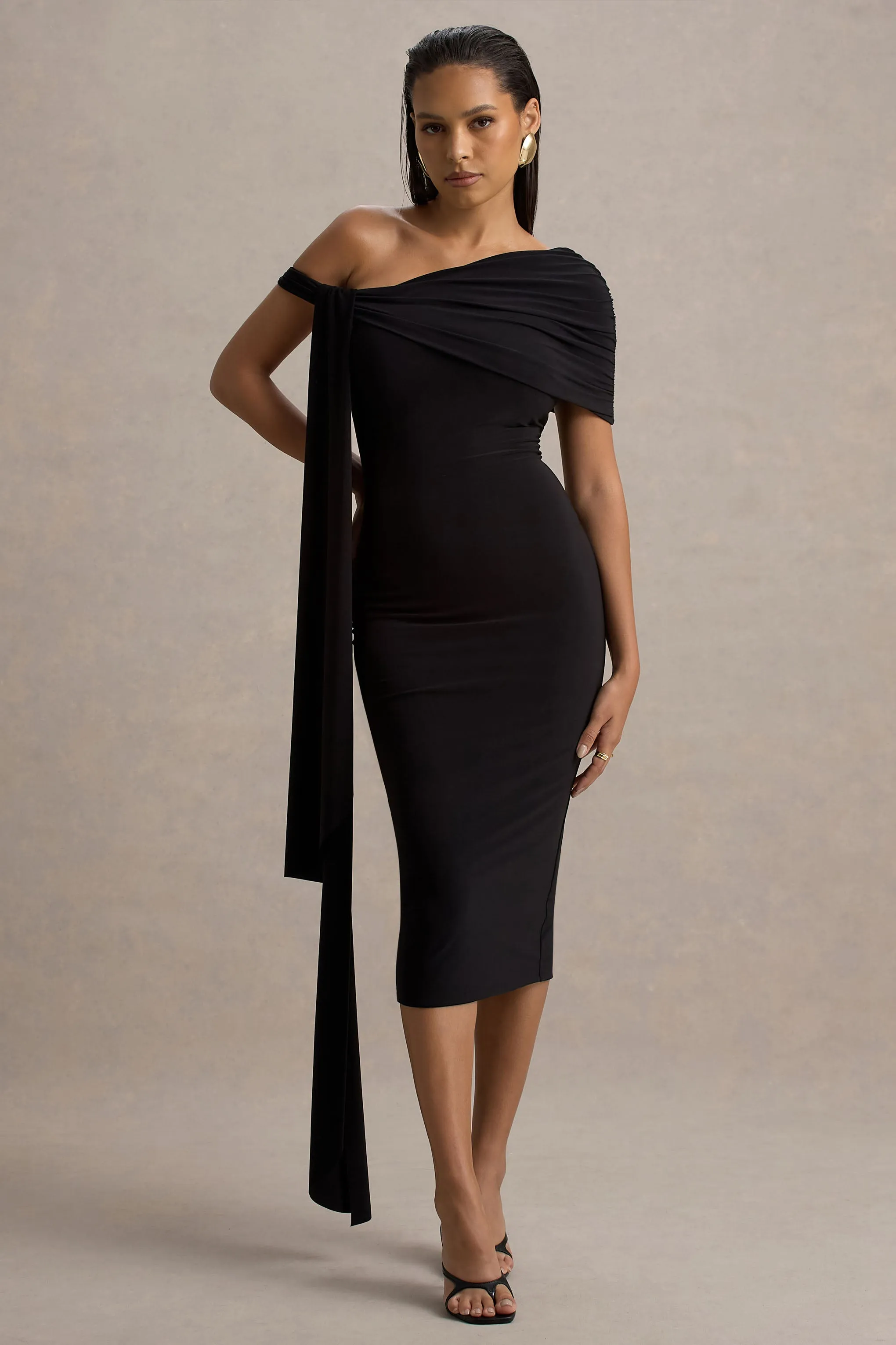 Vallea | Black One-Shoulder Draped Midi Dress Club L London