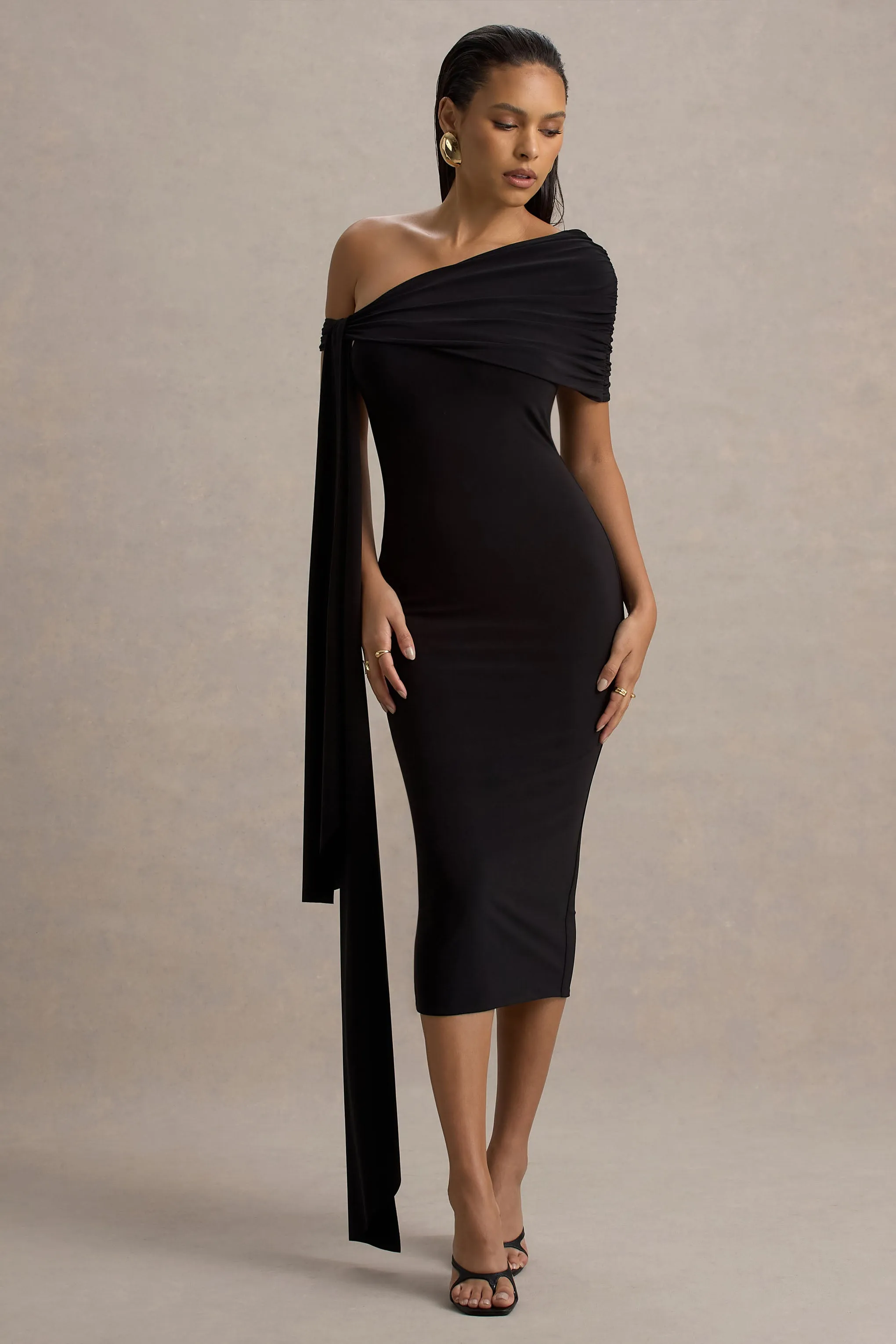 Vallea | Black One-Shoulder Draped Midi Dress Club L London