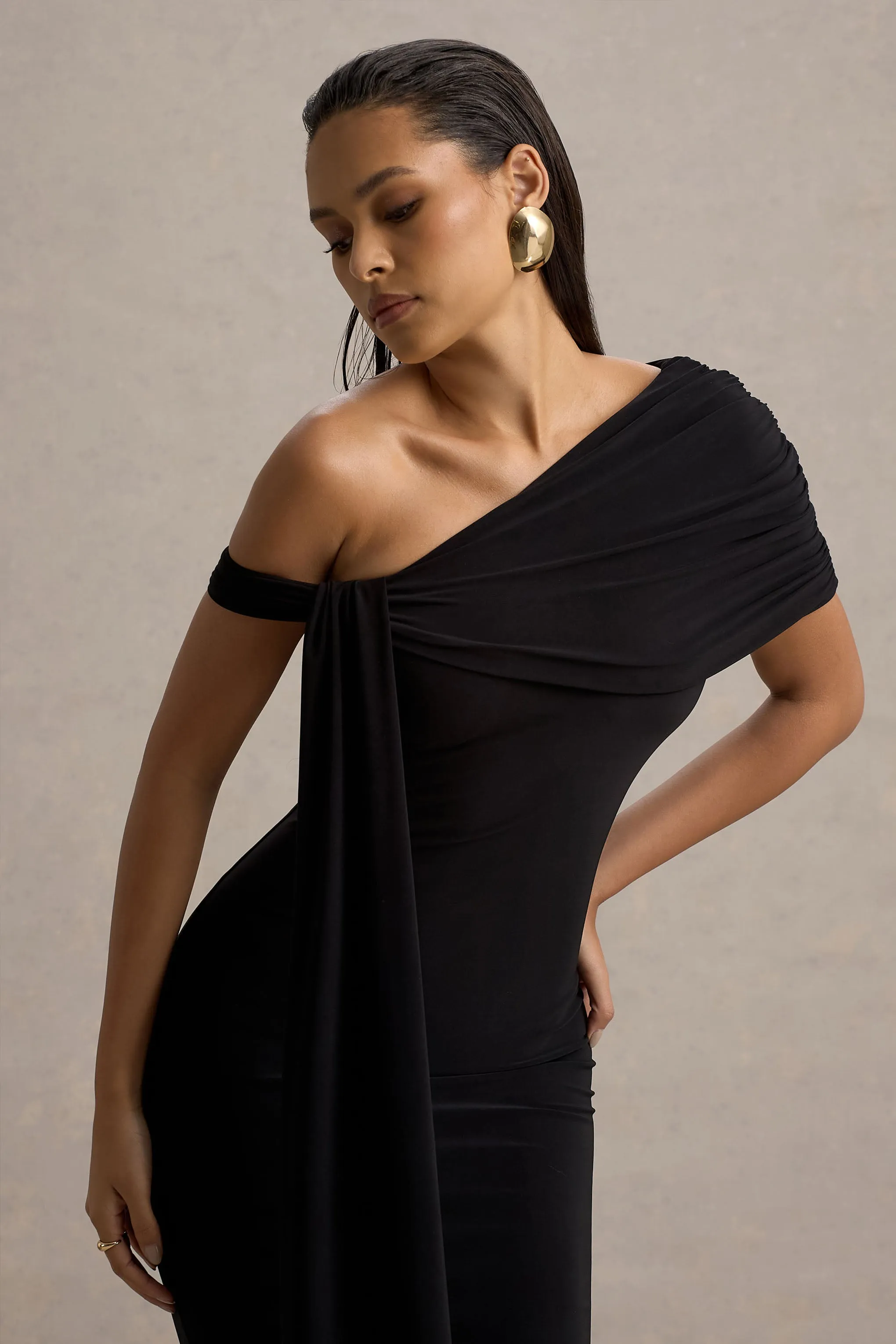 Vallea | Black One-Shoulder Draped Midi Dress Club L London
