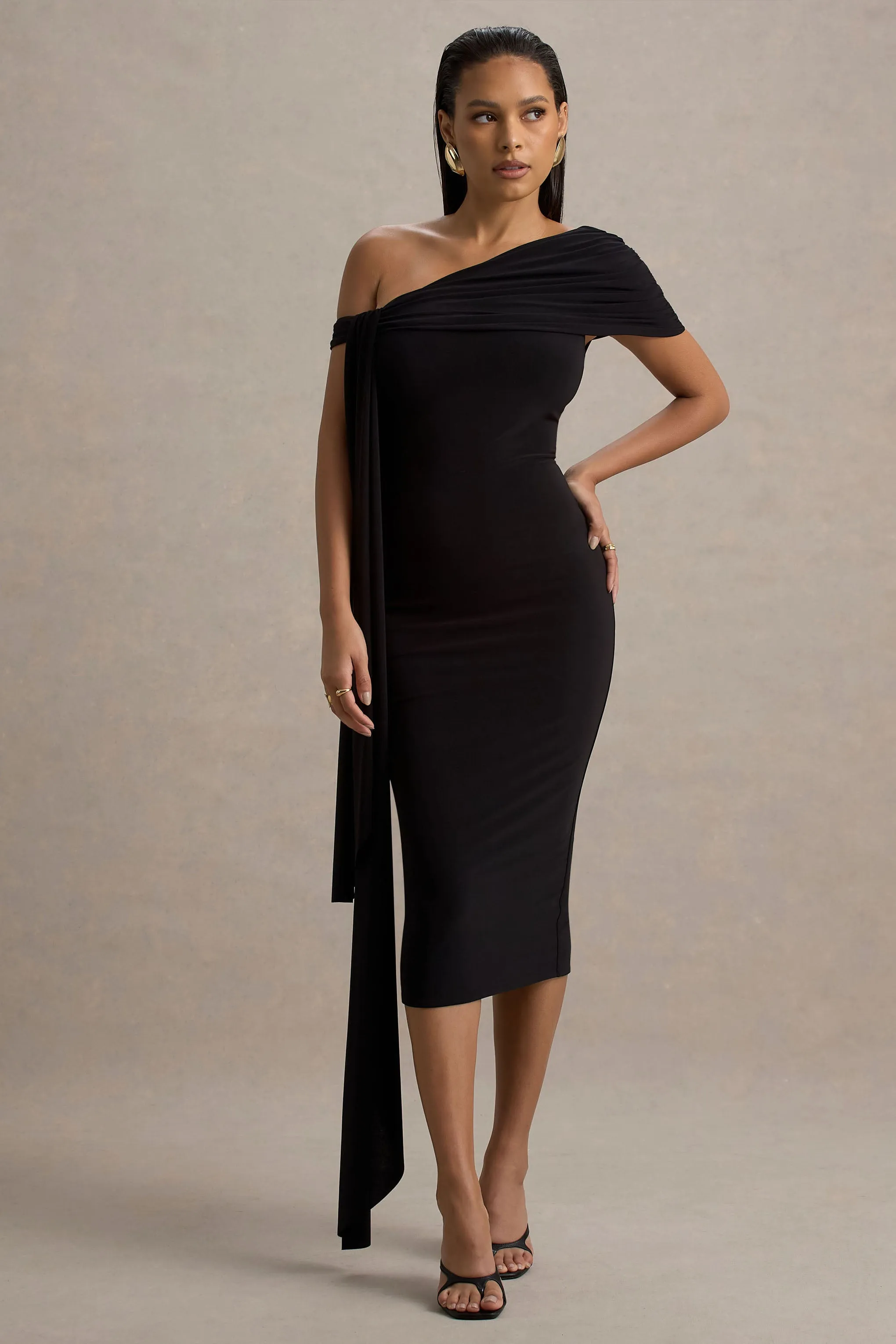 Vallea | Black One-Shoulder Draped Midi Dress Club L London