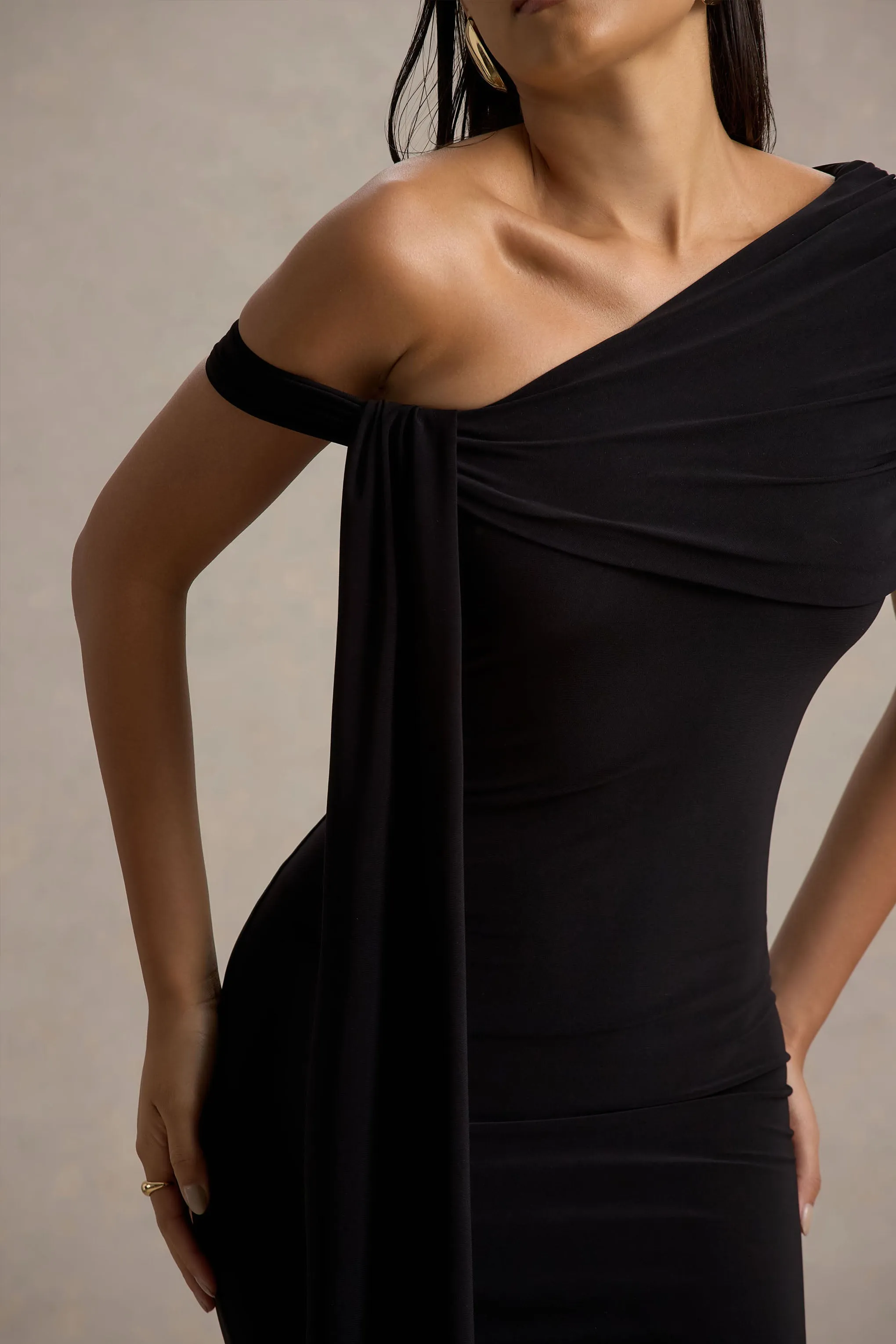 Vallea | Black One-Shoulder Draped Midi Dress Club L London