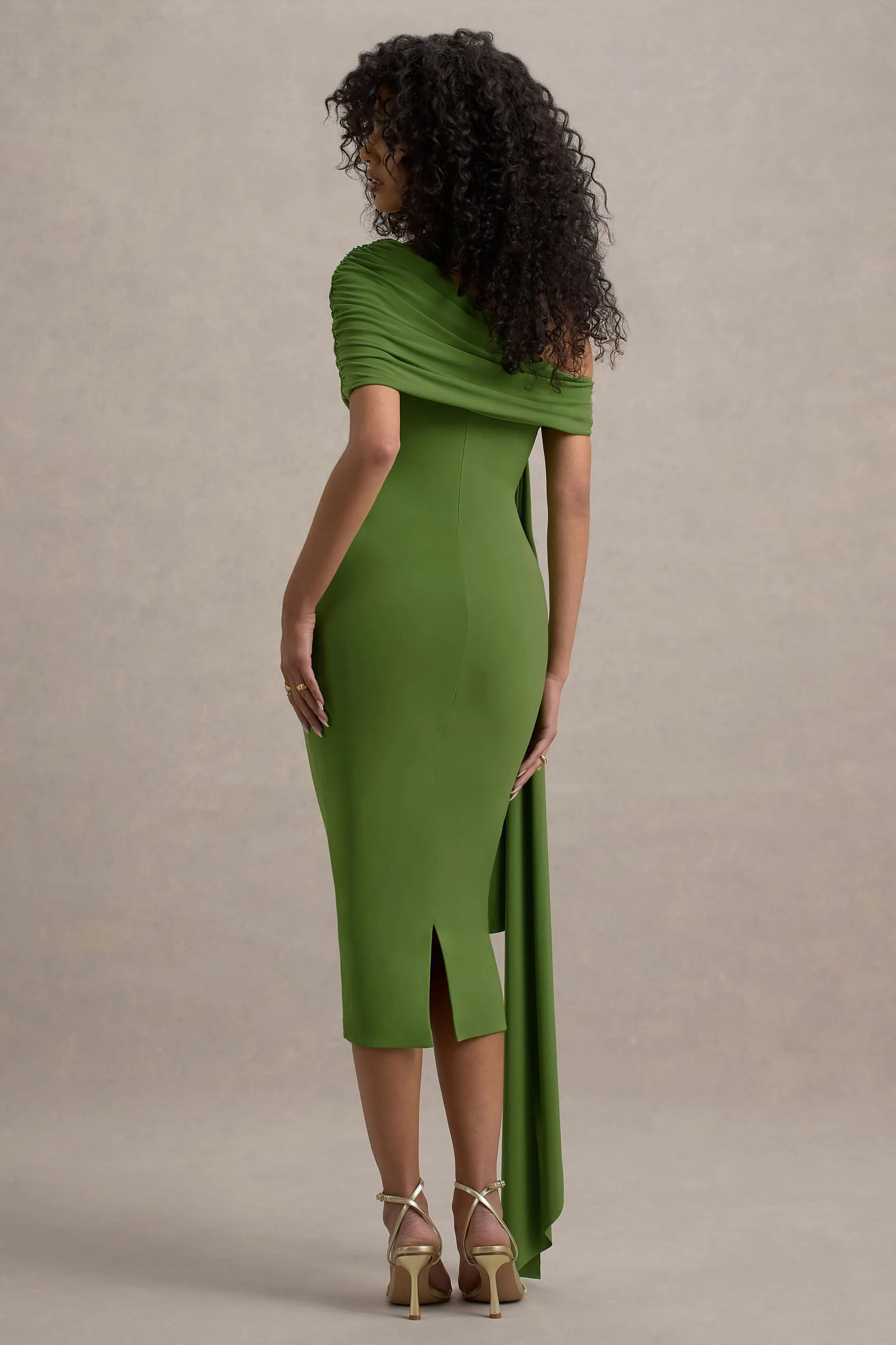 Vallea | Green One-Shoulder Draped Midi Dress Club L London