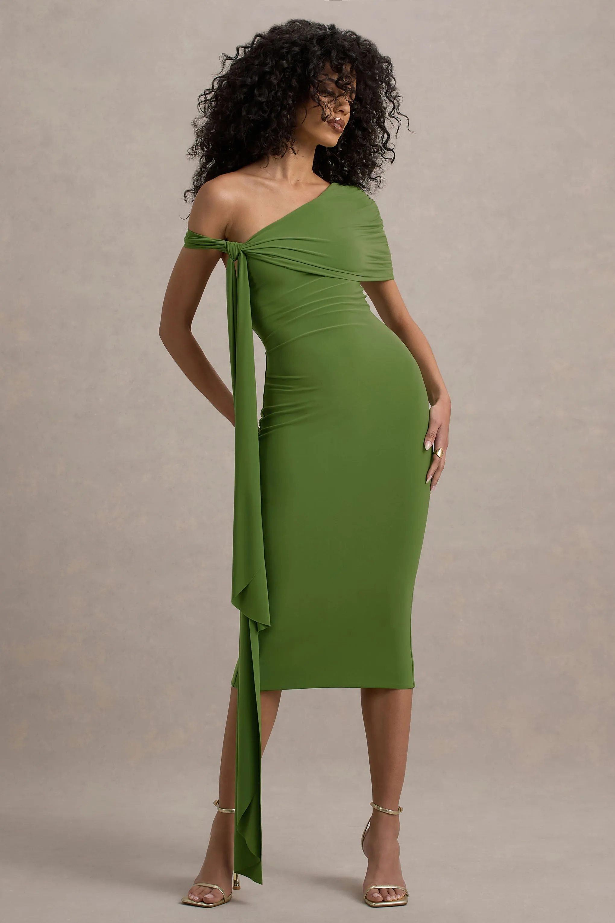 Vallea | Green One-Shoulder Draped Midi Dress Club L London