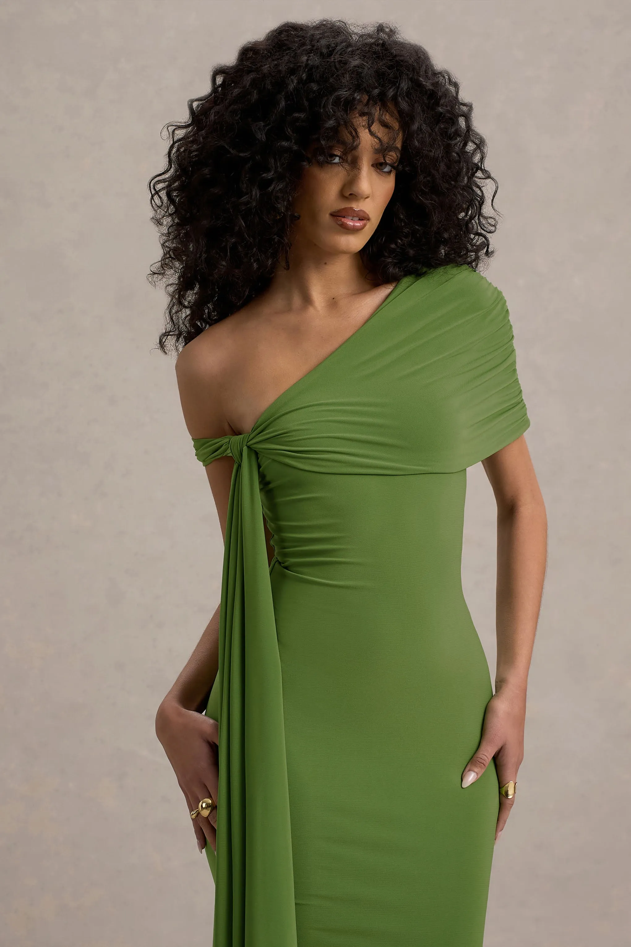 Vallea | Green One-Shoulder Draped Midi Dress Club L London