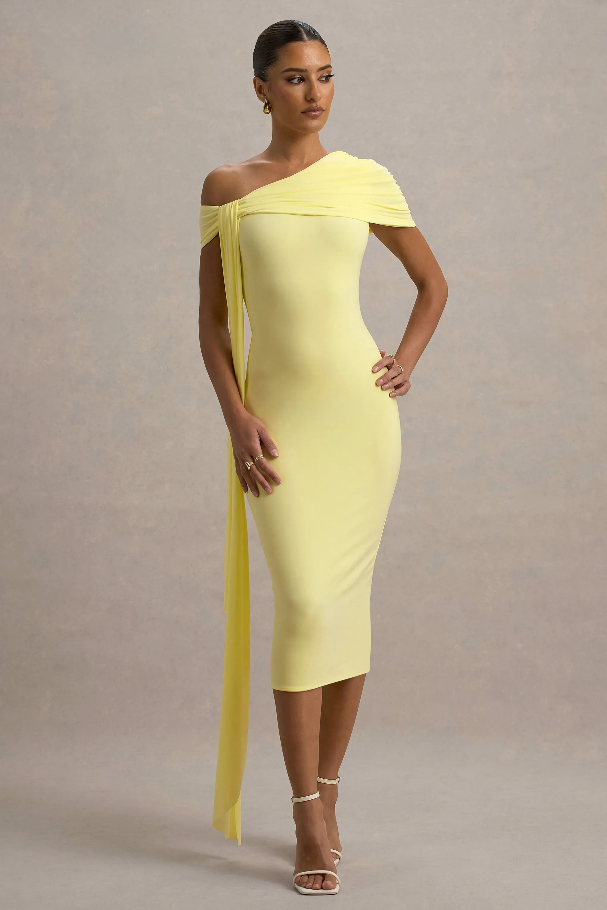 Vallea | Lemon One-Shoulder Draped Midi Dress Club L London