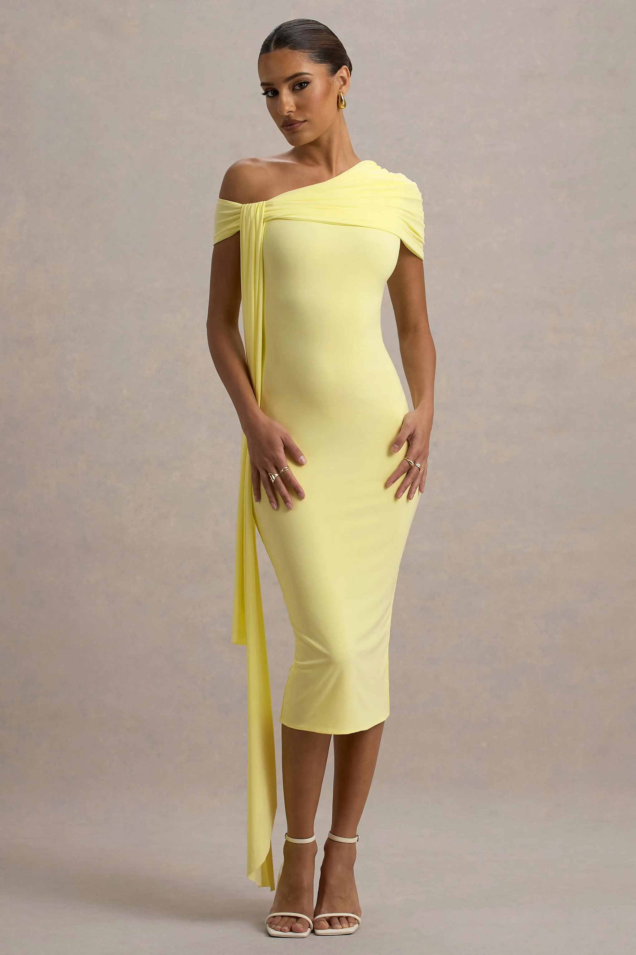 Vallea | Lemon One-Shoulder Draped Midi Dress Club L London