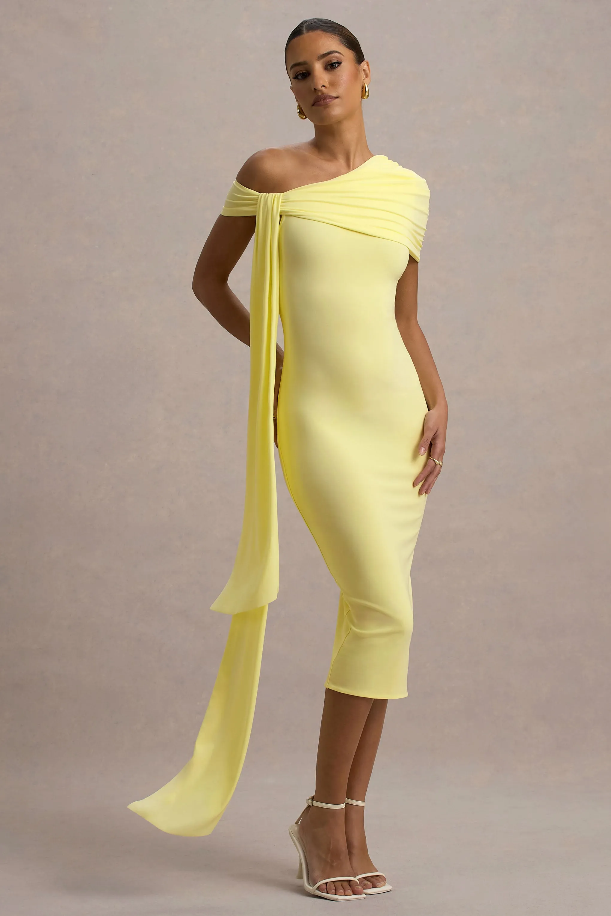 Vallea | Lemon One-Shoulder Draped Midi Dress Club L London