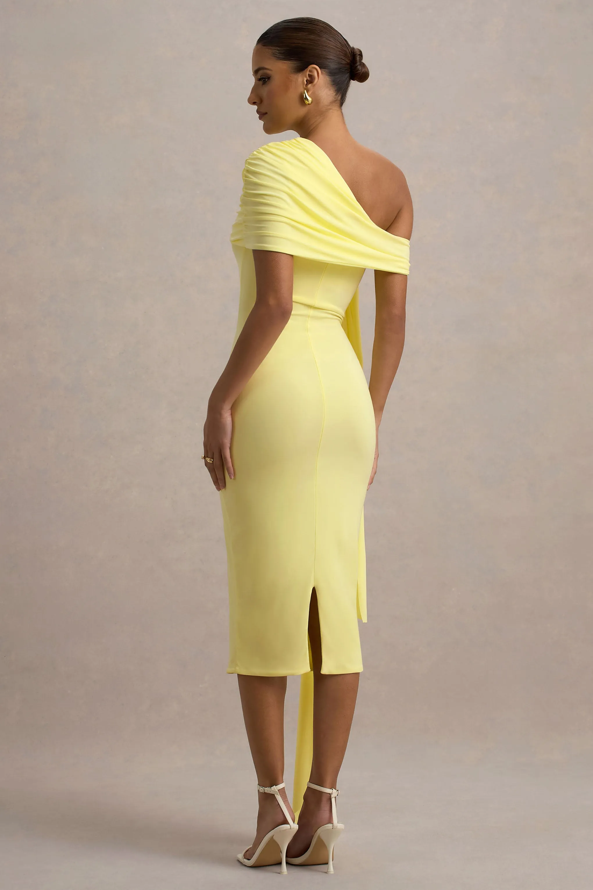 Vallea | Lemon One-Shoulder Draped Midi Dress Club L London