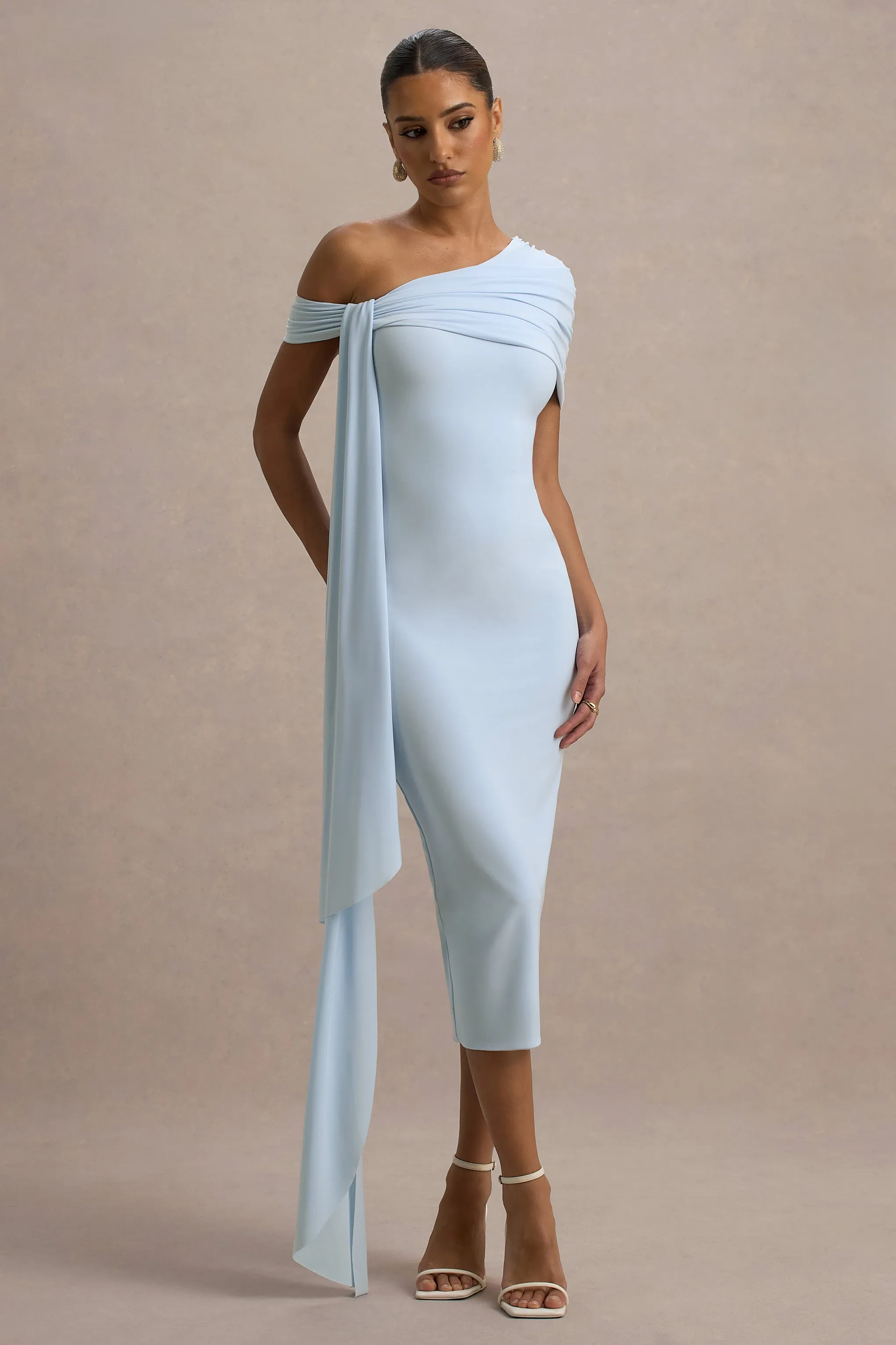 Vallea | Powder Blue One-Shoulder Draped Midi Dress Club L London