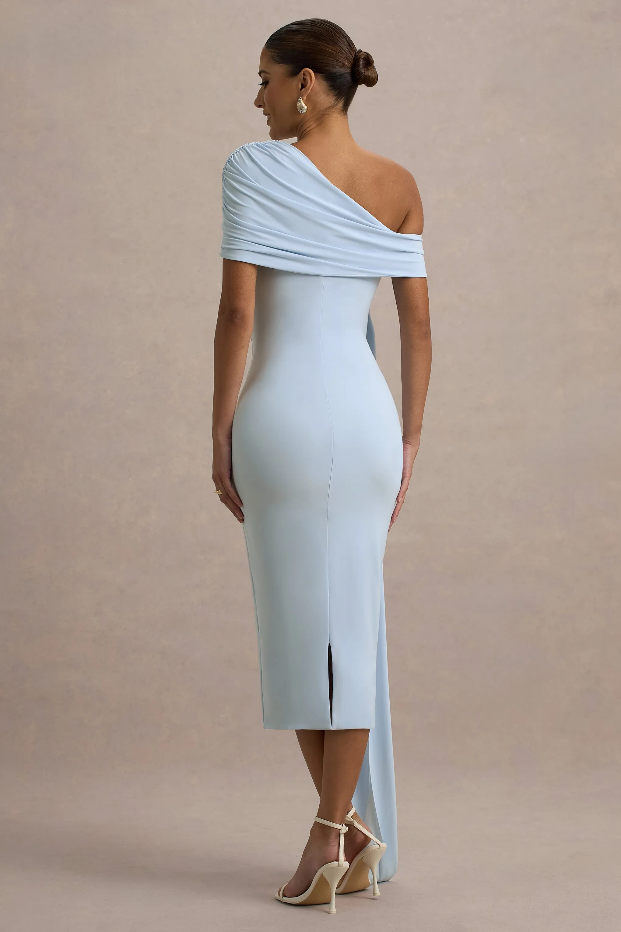 Vallea | Powder Blue One-Shoulder Draped Midi Dress Club L London