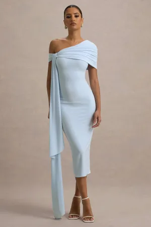 Vallea | Powder Blue One-Shoulder Draped Midi Dress Club L London