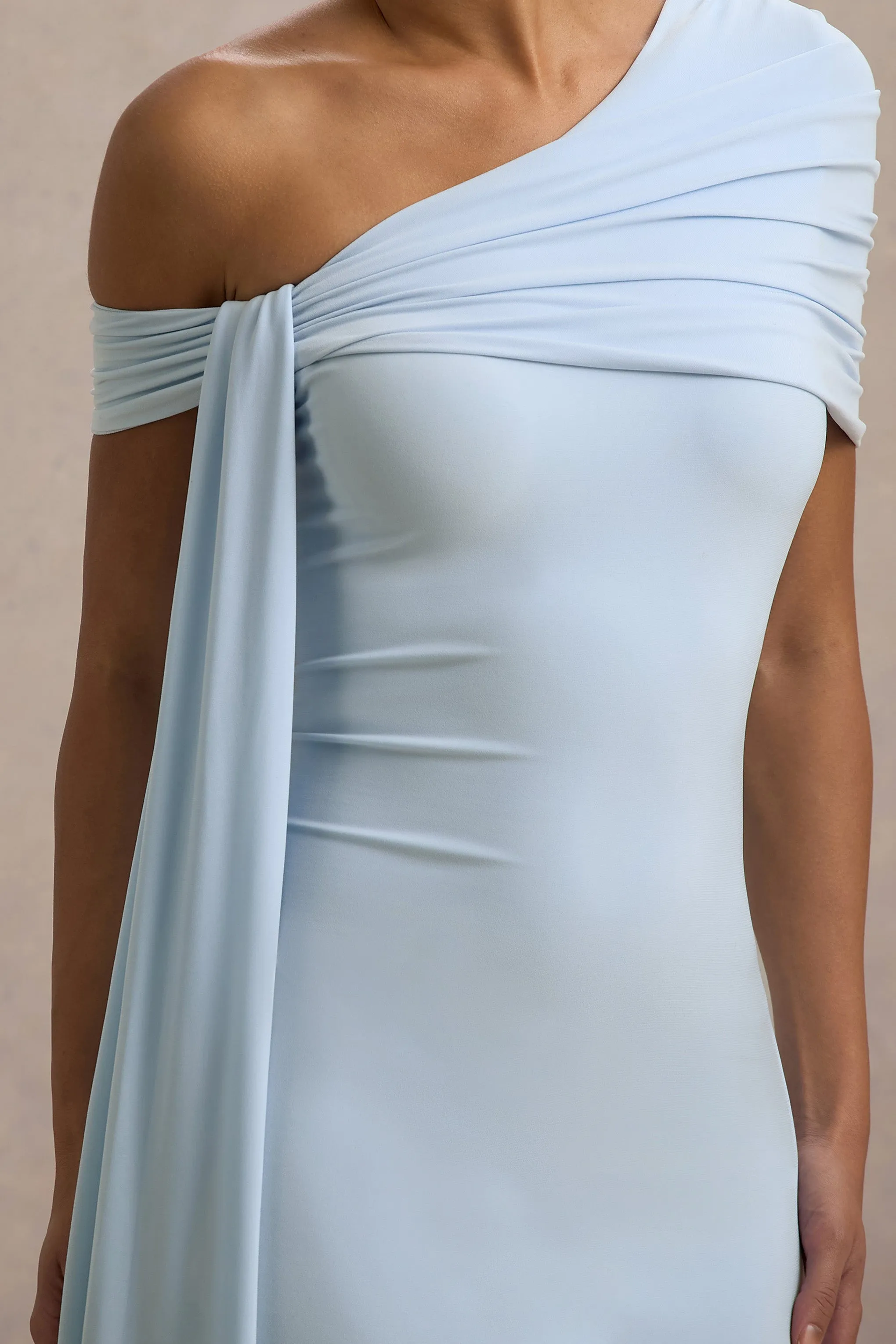 Vallea | Powder Blue One-Shoulder Draped Midi Dress Club L London