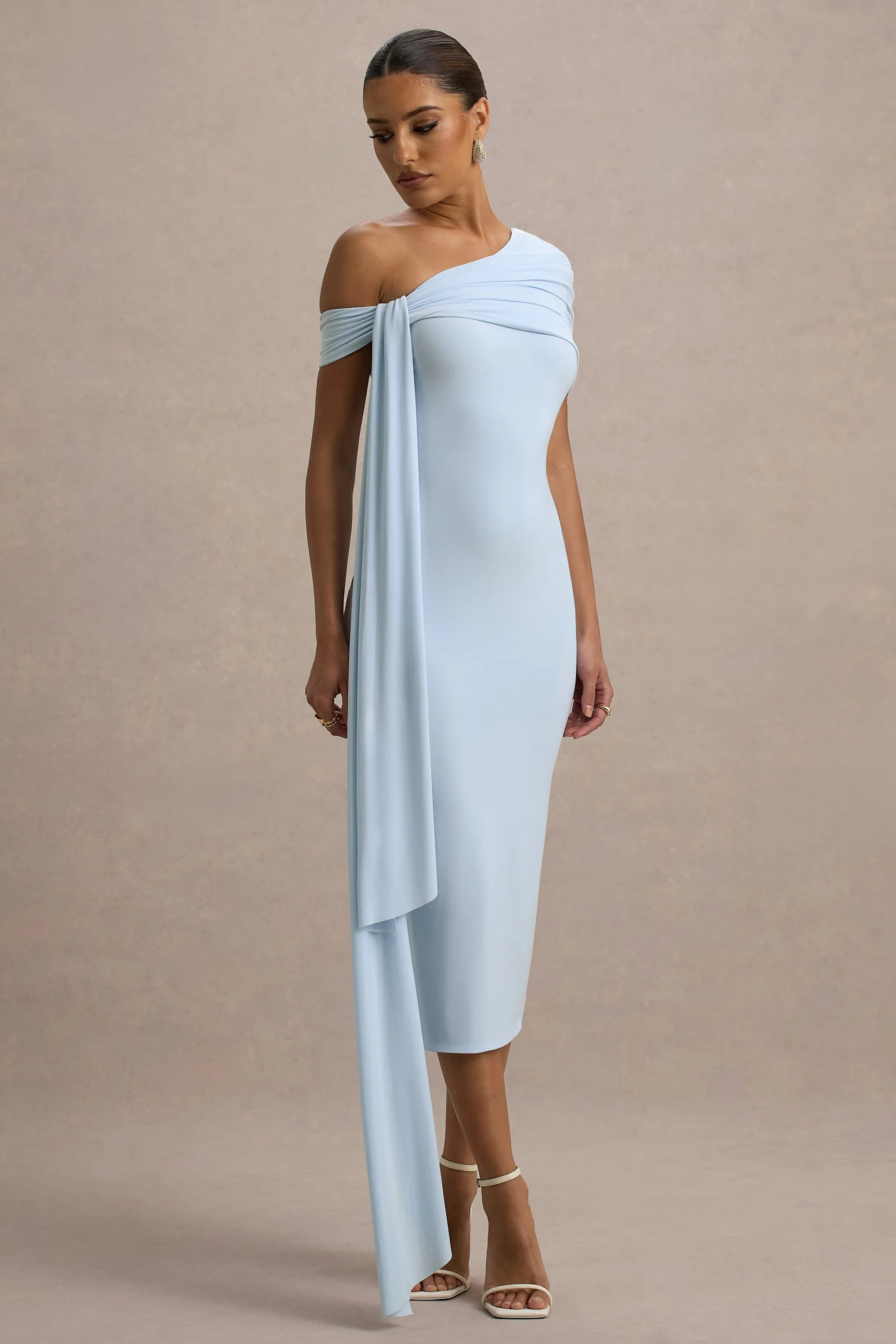Vallea | Powder Blue One-Shoulder Draped Midi Dress Club L London