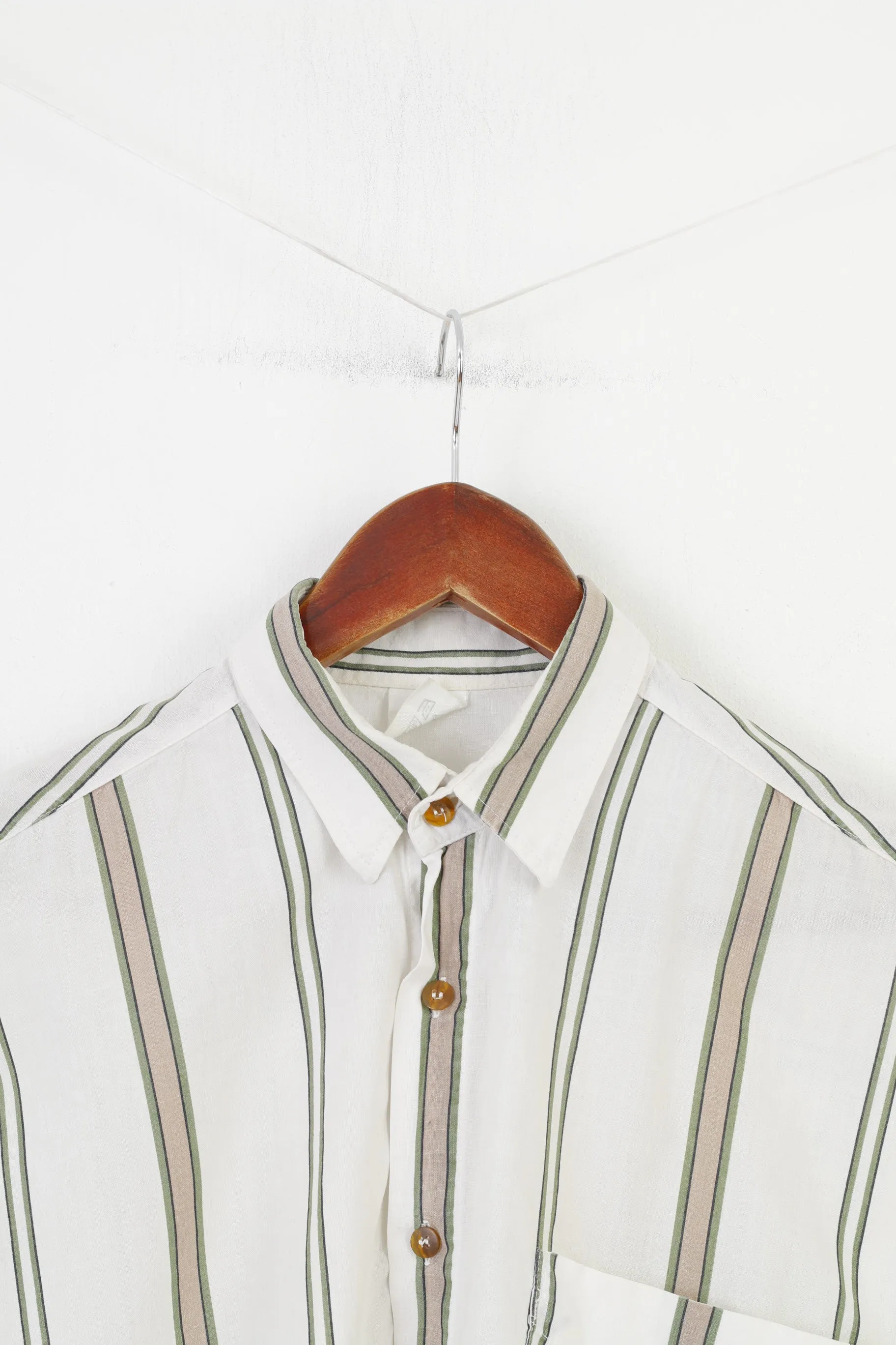 Vintage 37/38 M Men Casual Shirt Hawaii Striped White Cotton Short Sleeve Sportwear Collar Summer Top