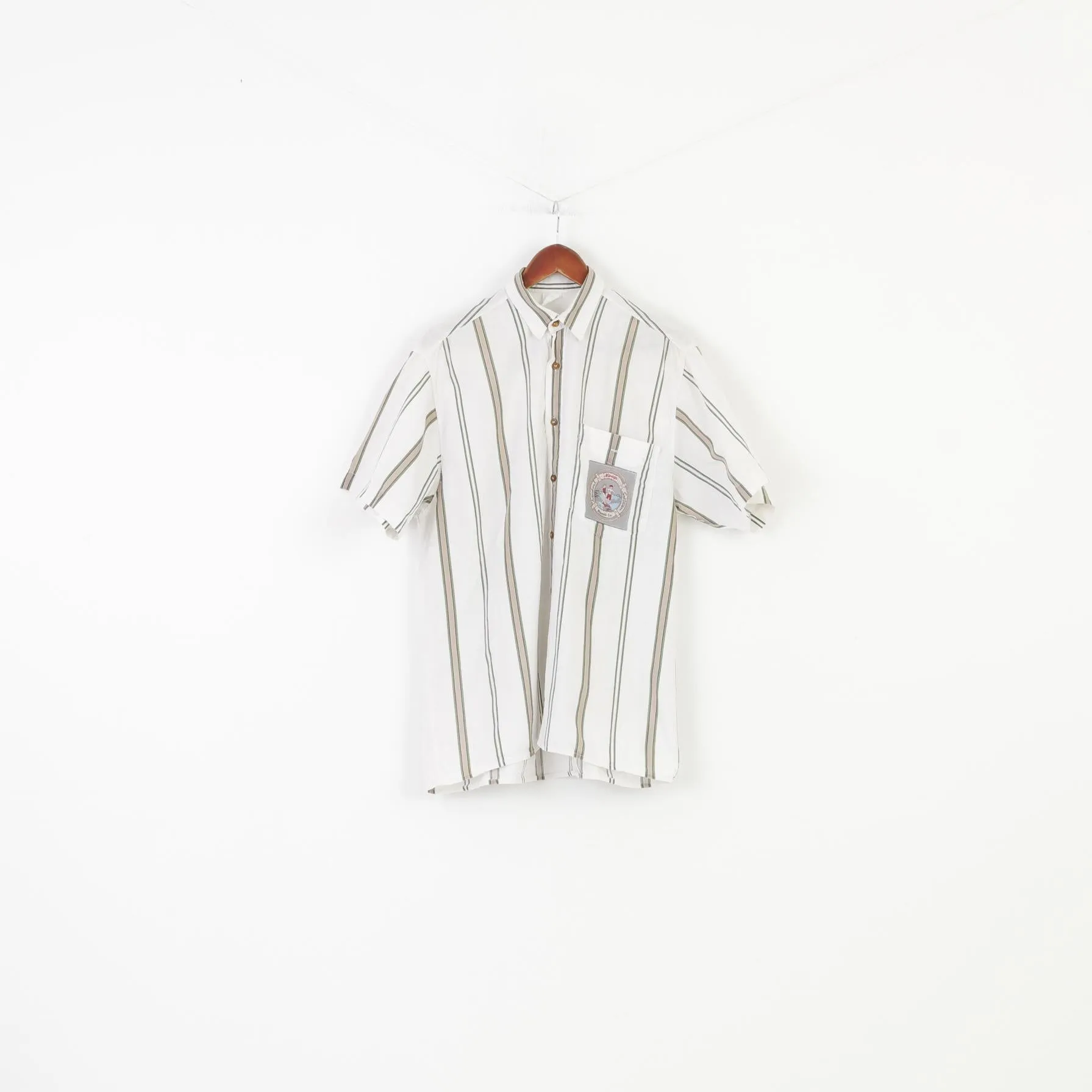 Vintage 37/38 M Men Casual Shirt Hawaii Striped White Cotton Short Sleeve Sportwear Collar Summer Top