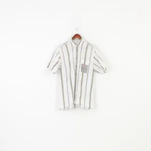 Vintage 37/38 M Men Casual Shirt Hawaii Striped White Cotton Short Sleeve Sportwear Collar Summer Top