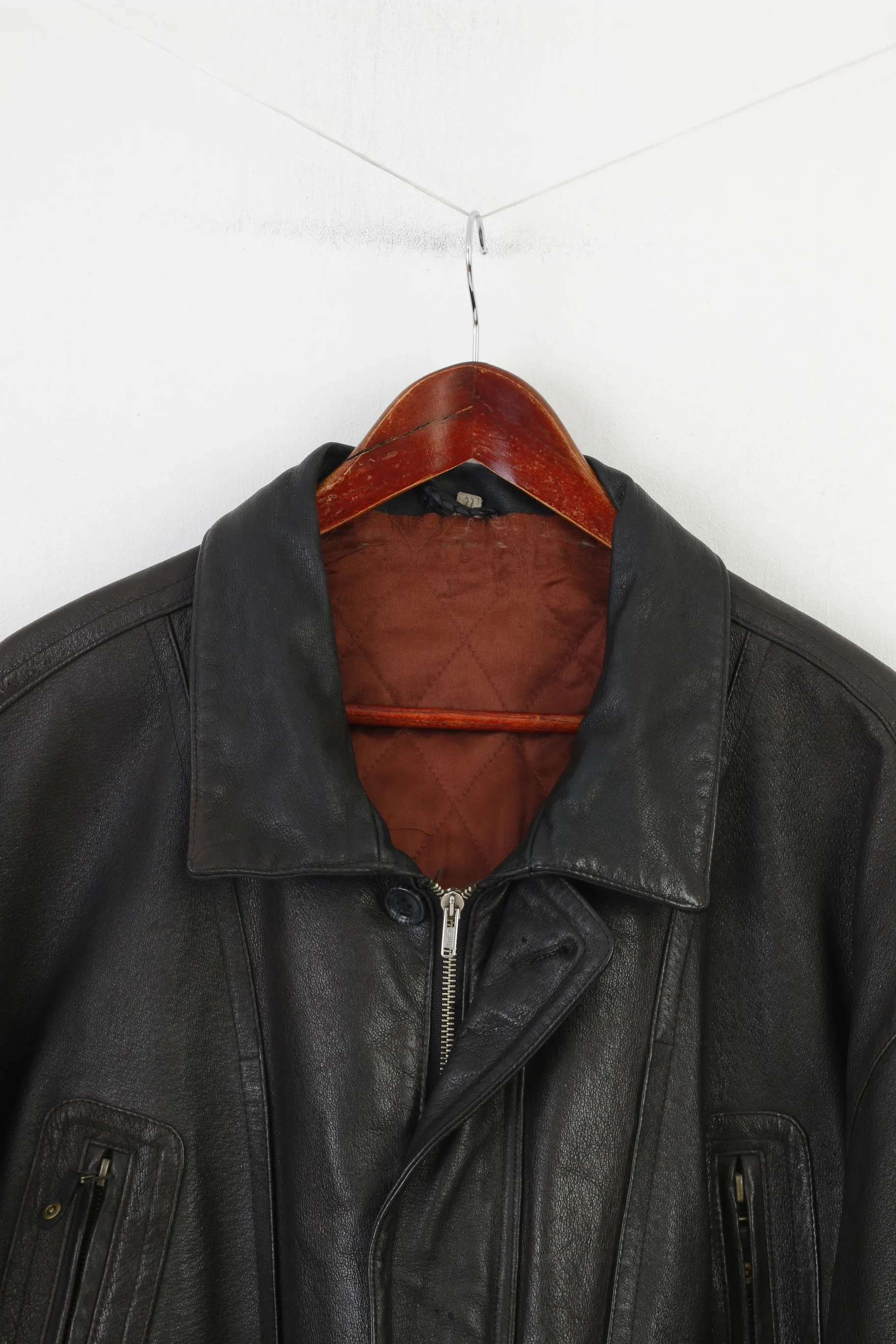 Vintage Men 27 XXL Leather Jacket Dark Brown Vintage Biker Full Zipper Pockets Outwear Top