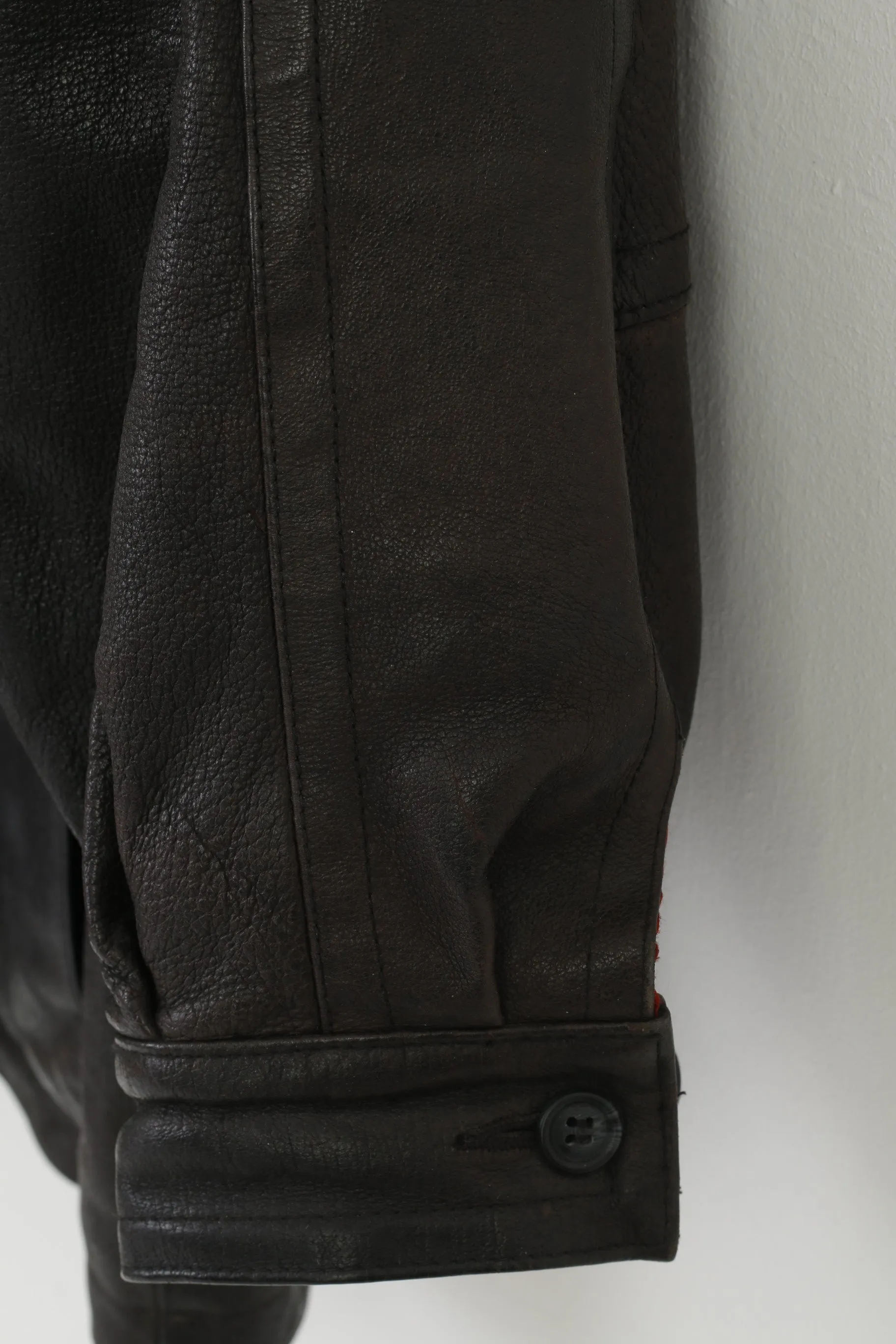 Vintage Men 27 XXL Leather Jacket Dark Brown Vintage Biker Full Zipper Pockets Outwear Top