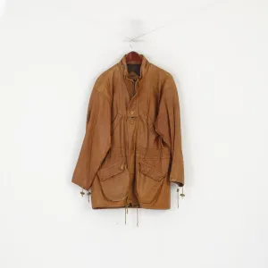 Vintage Men 38 48 M Long Jacket Camel Zip Up Leather Parka Hidden Hood Top