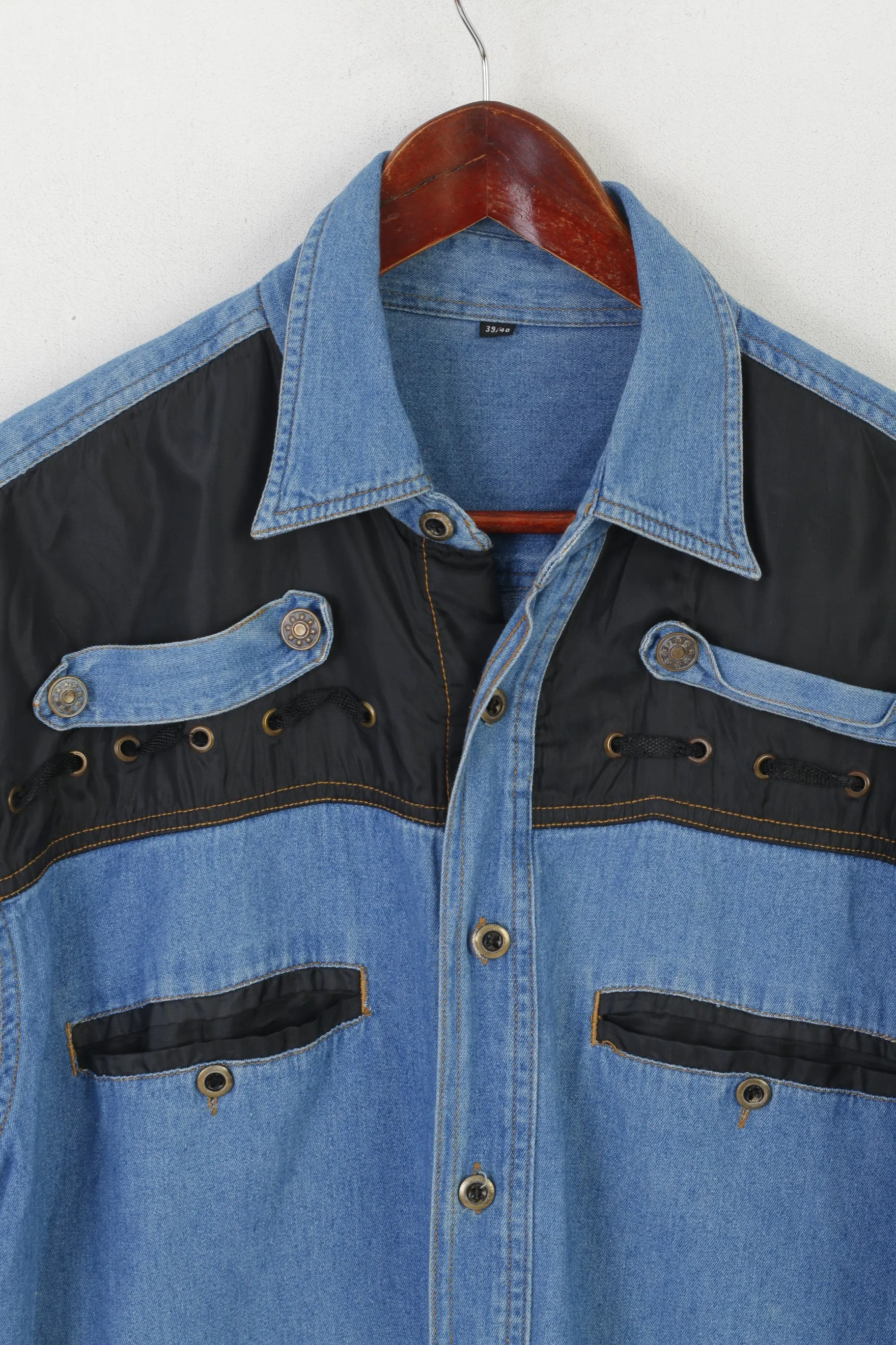 Vintage Men 39/40 M/L Casual Shirt Blue Denim Cotton Western Cowboy Top