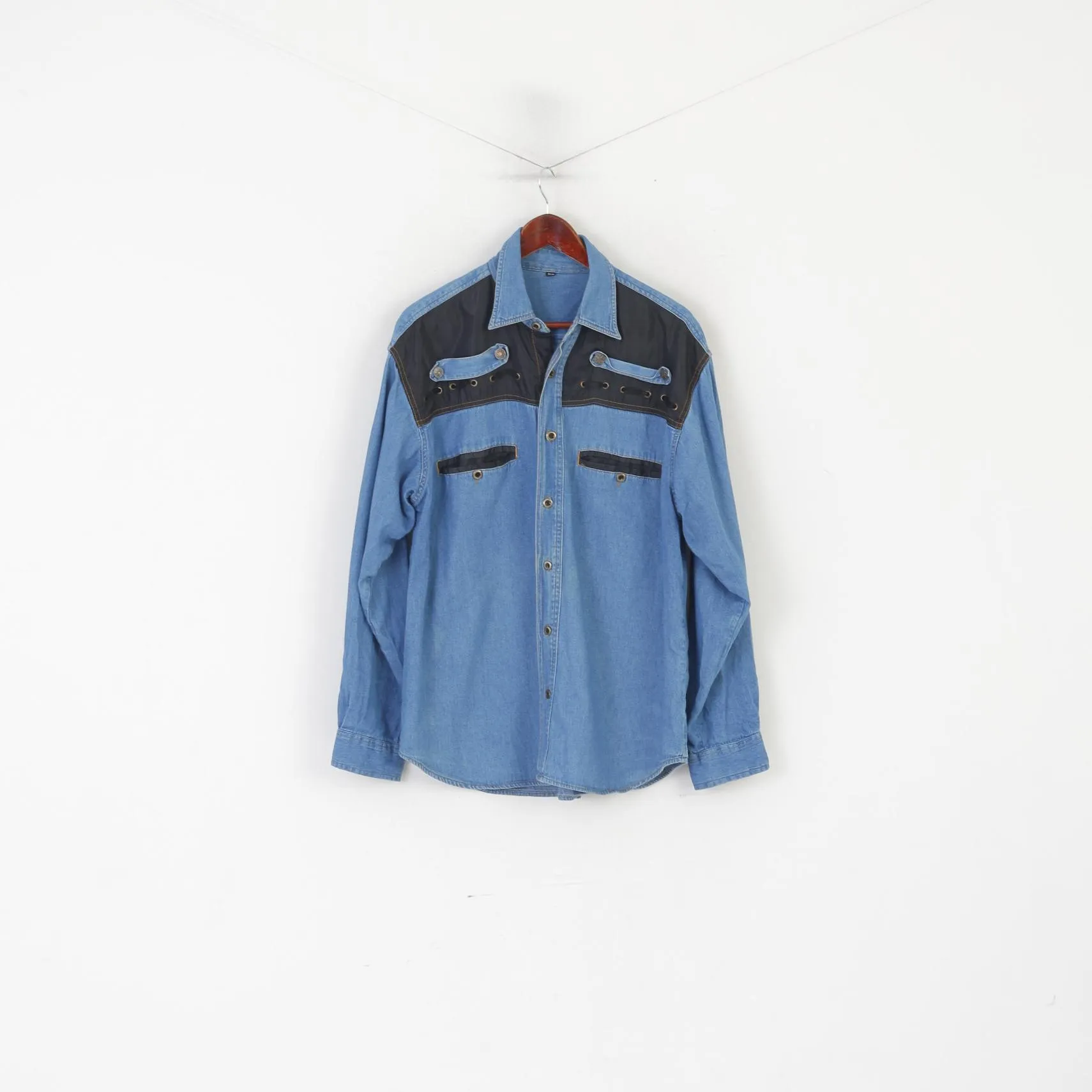 Vintage Men 39/40 M/L Casual Shirt Blue Denim Cotton Western Cowboy Top