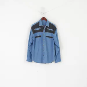 Vintage Men 39/40 M/L Casual Shirt Blue Denim Cotton Western Cowboy Top