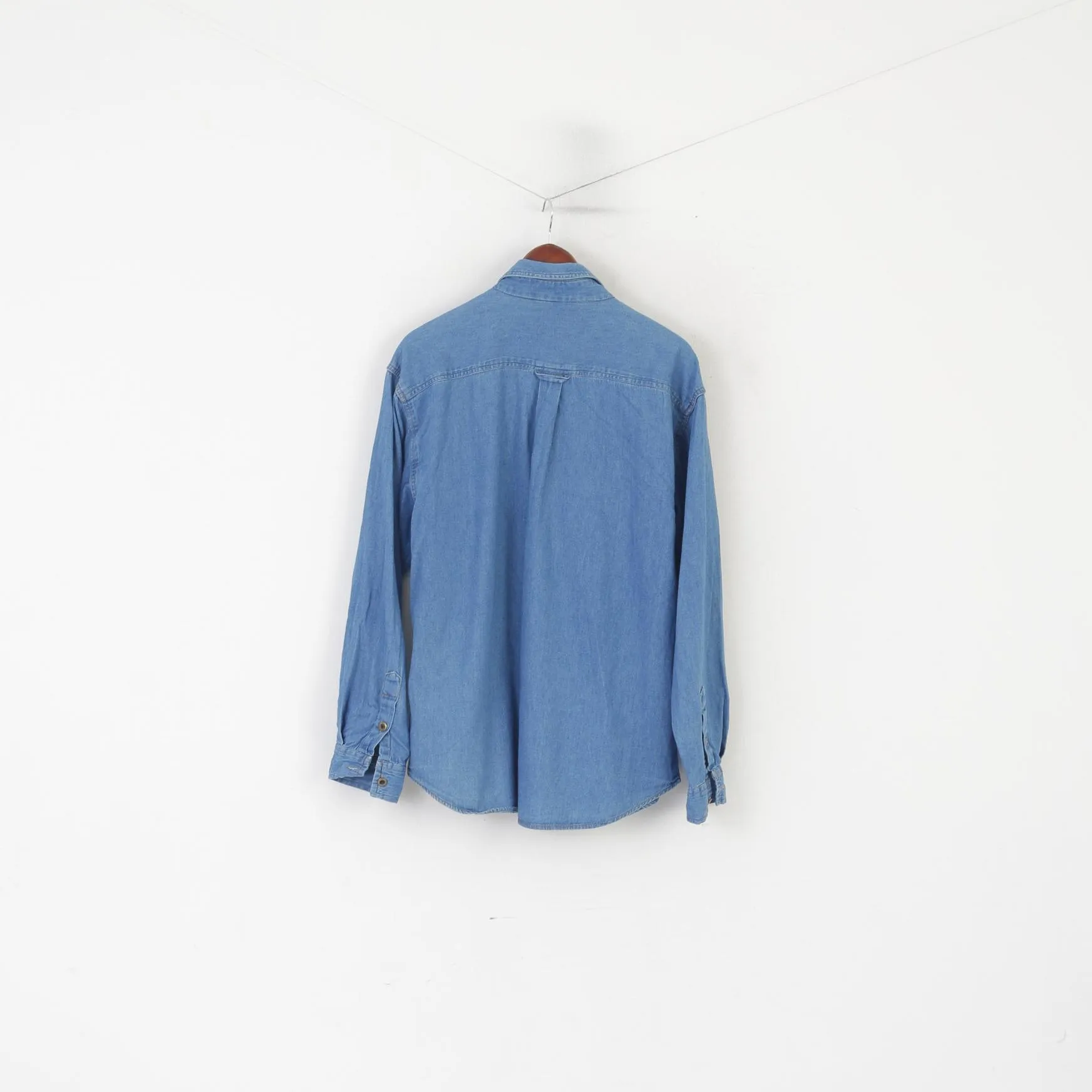 Vintage Men 39/40 M/L Casual Shirt Blue Denim Cotton Western Cowboy Top