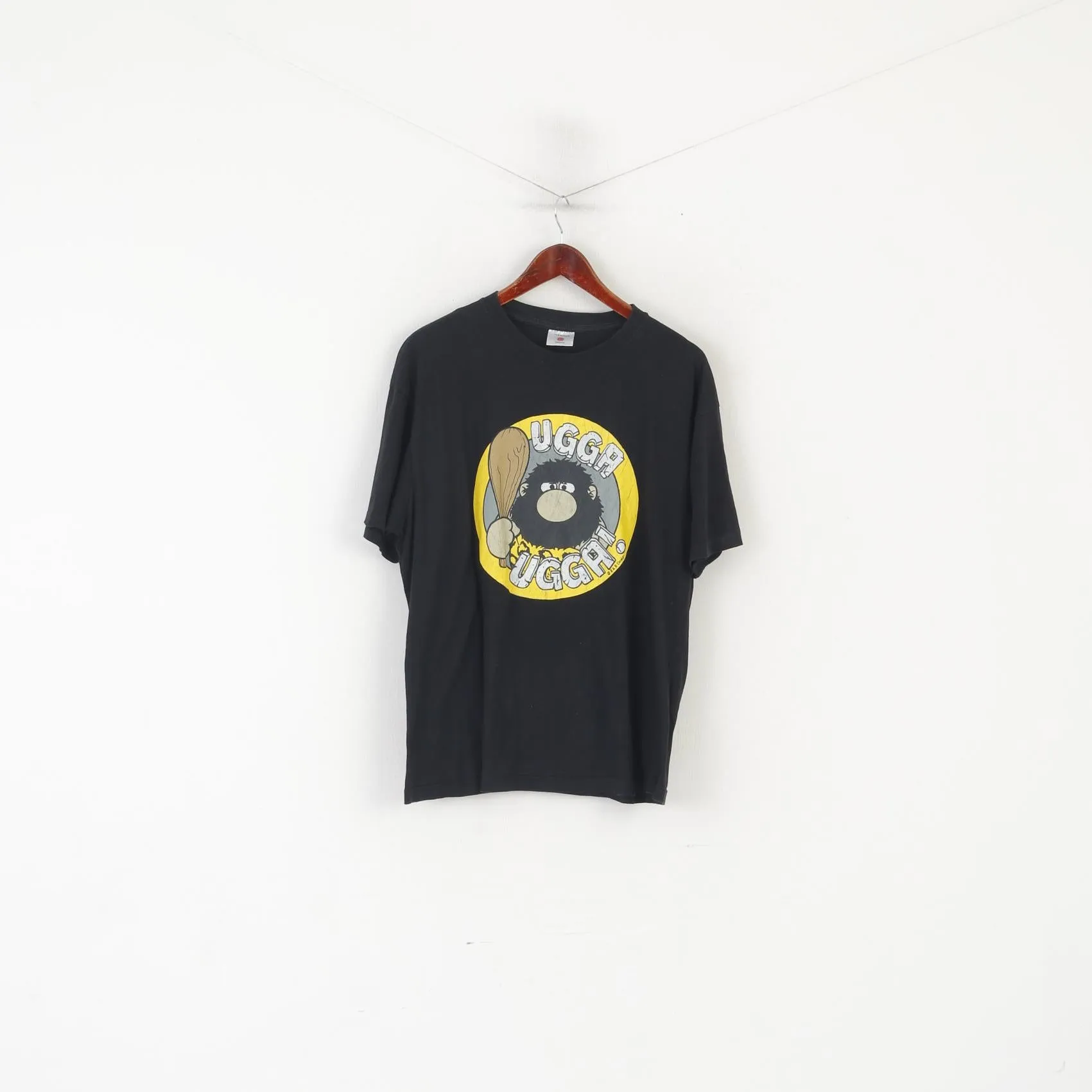 Vintage Men L/XL T- Shirt Black Cotton Graphis Ugga Ugga Crew Neck Top