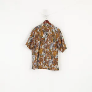 Vintage Men XXL Casual Shirt Brown Cotton Floral Short Sleeve Summer Top