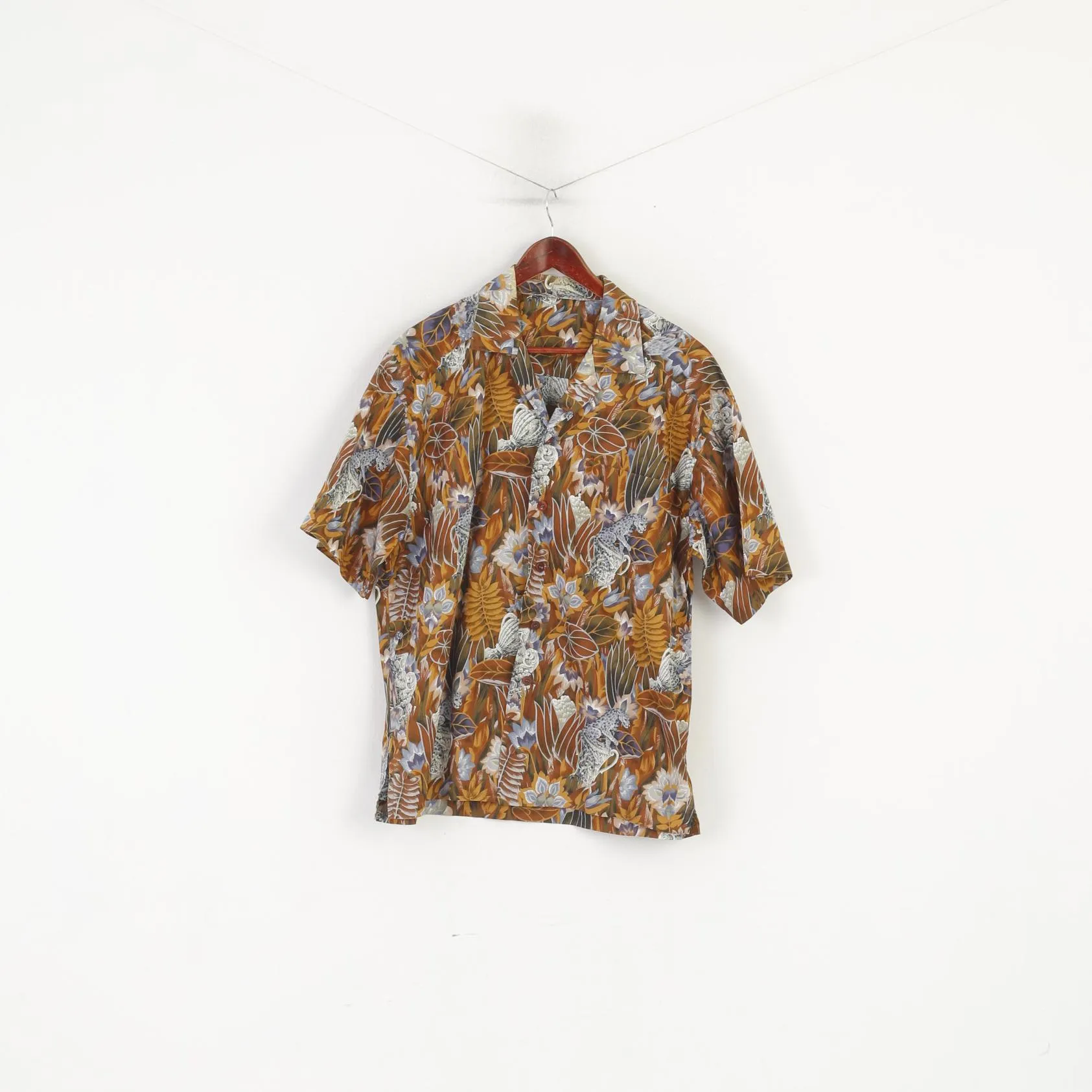 Vintage Men XXL Casual Shirt Brown Cotton Floral Short Sleeve Summer Top