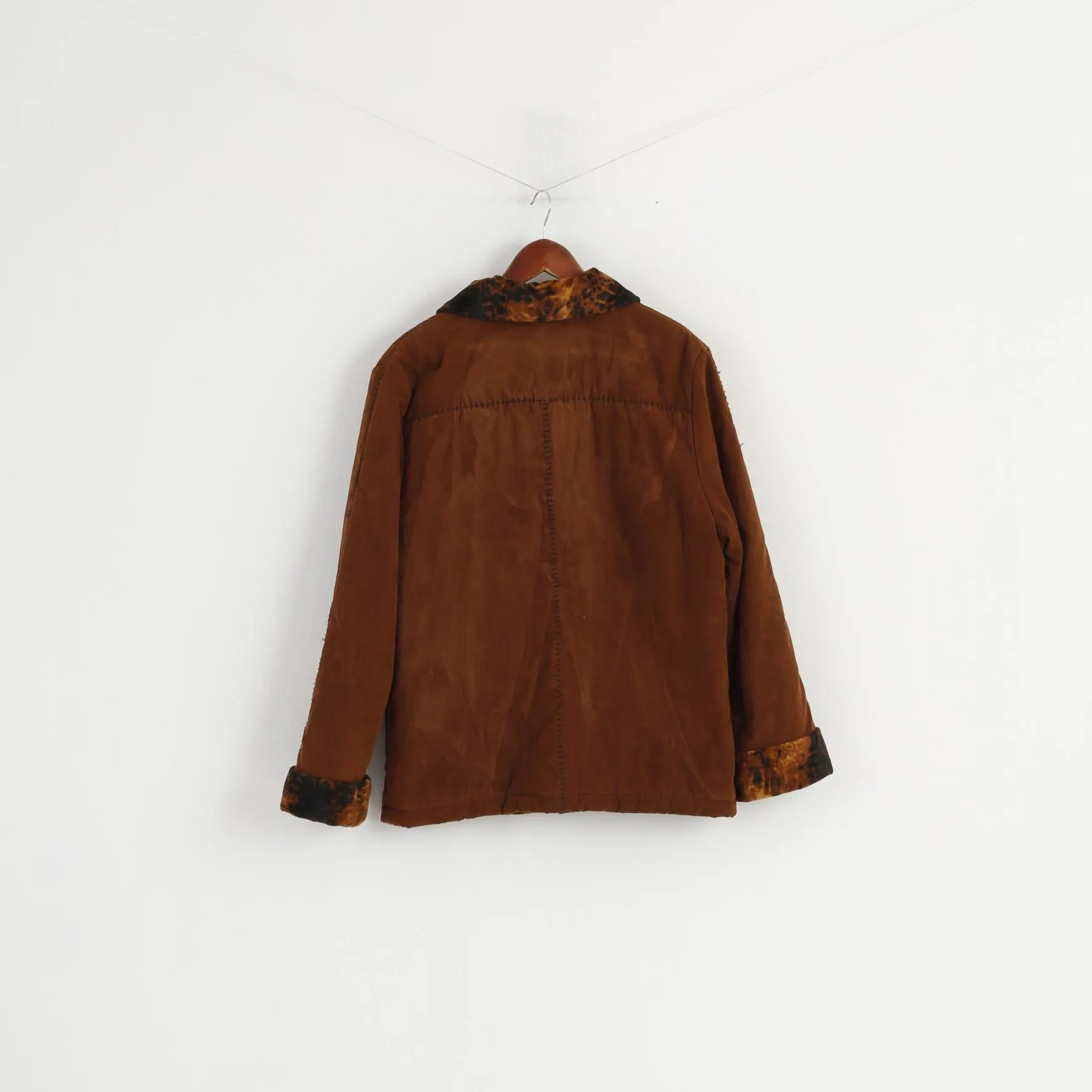 Vintage Women 16 44 XL Jacket Brown Animal Collar Visible Stitches Buttoned Top