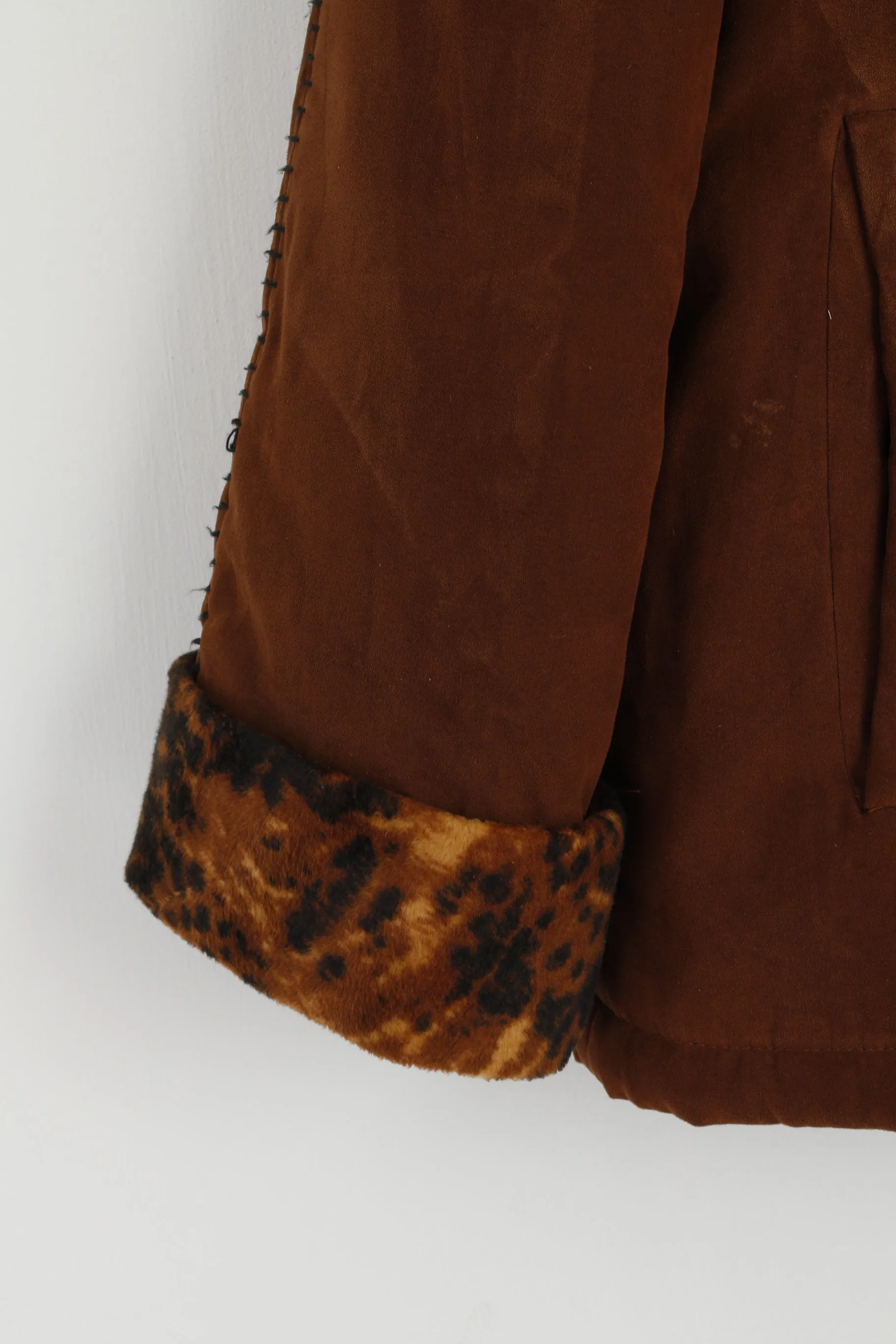 Vintage Women 16 44 XL Jacket Brown Animal Collar Visible Stitches Buttoned Top