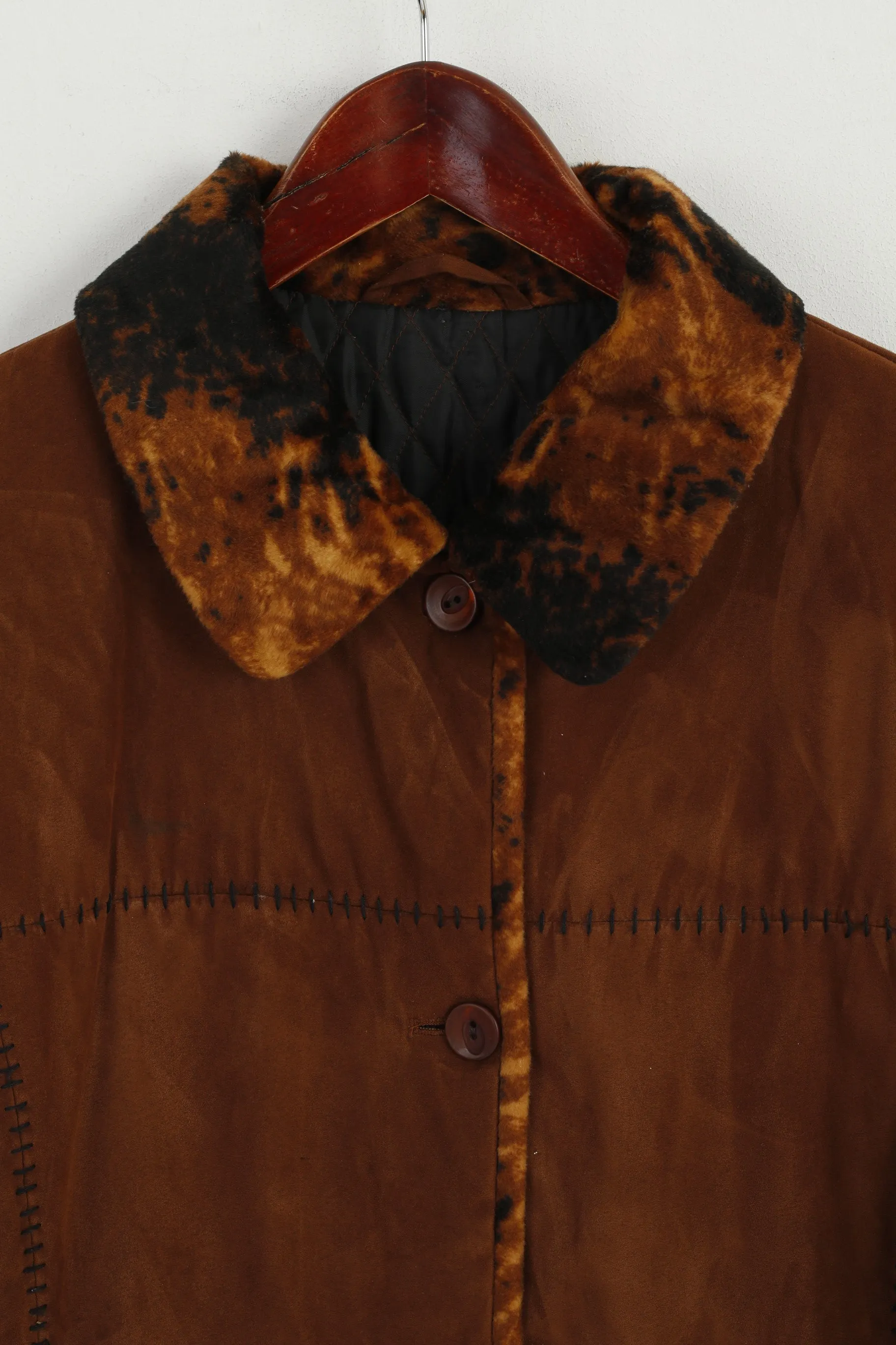 Vintage Women 16 44 XL Jacket Brown Animal Collar Visible Stitches Buttoned Top