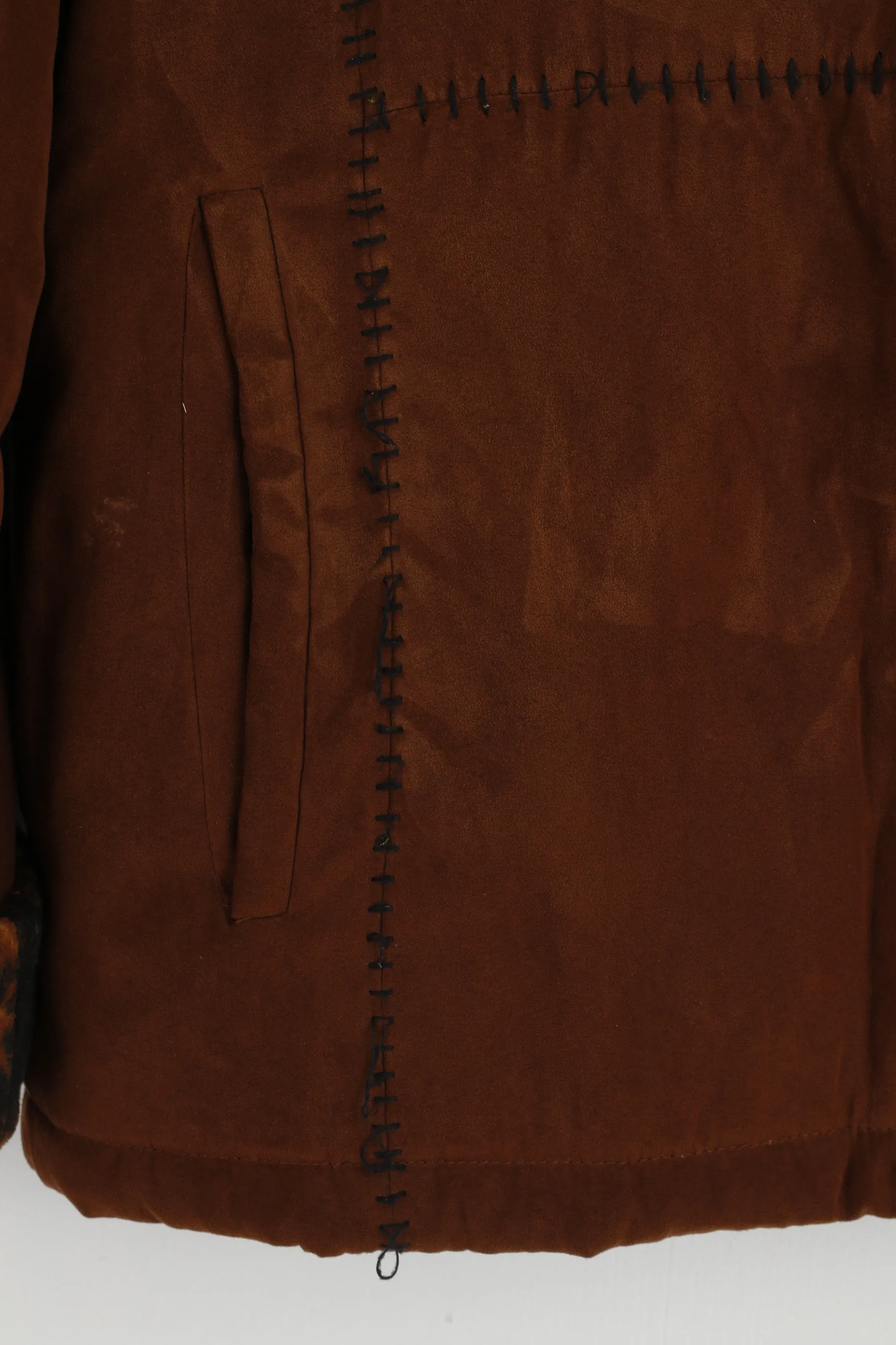 Vintage Women 16 44 XL Jacket Brown Animal Collar Visible Stitches Buttoned Top
