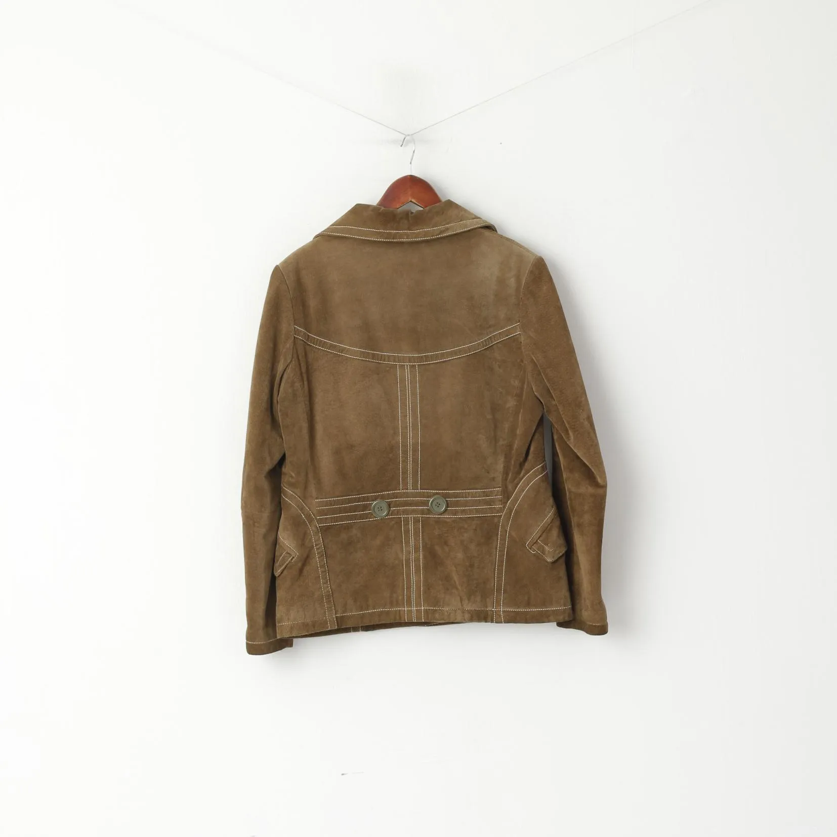 Vintage Women 40 M Jacket Green Leather Suede Classic Buttoned Pockets Biker Top