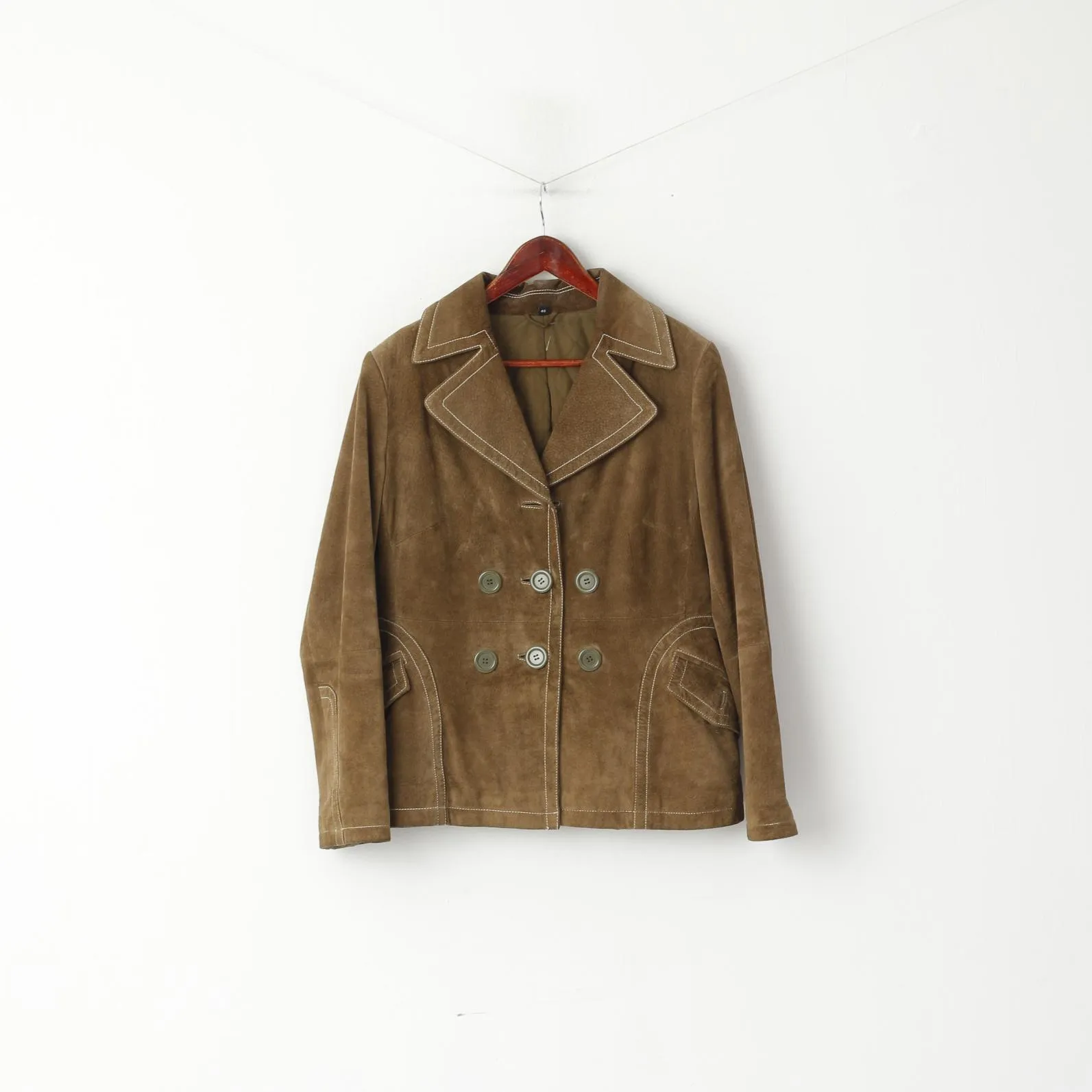 Vintage Women 40 M Jacket Green Leather Suede Classic Buttoned Pockets Biker Top
