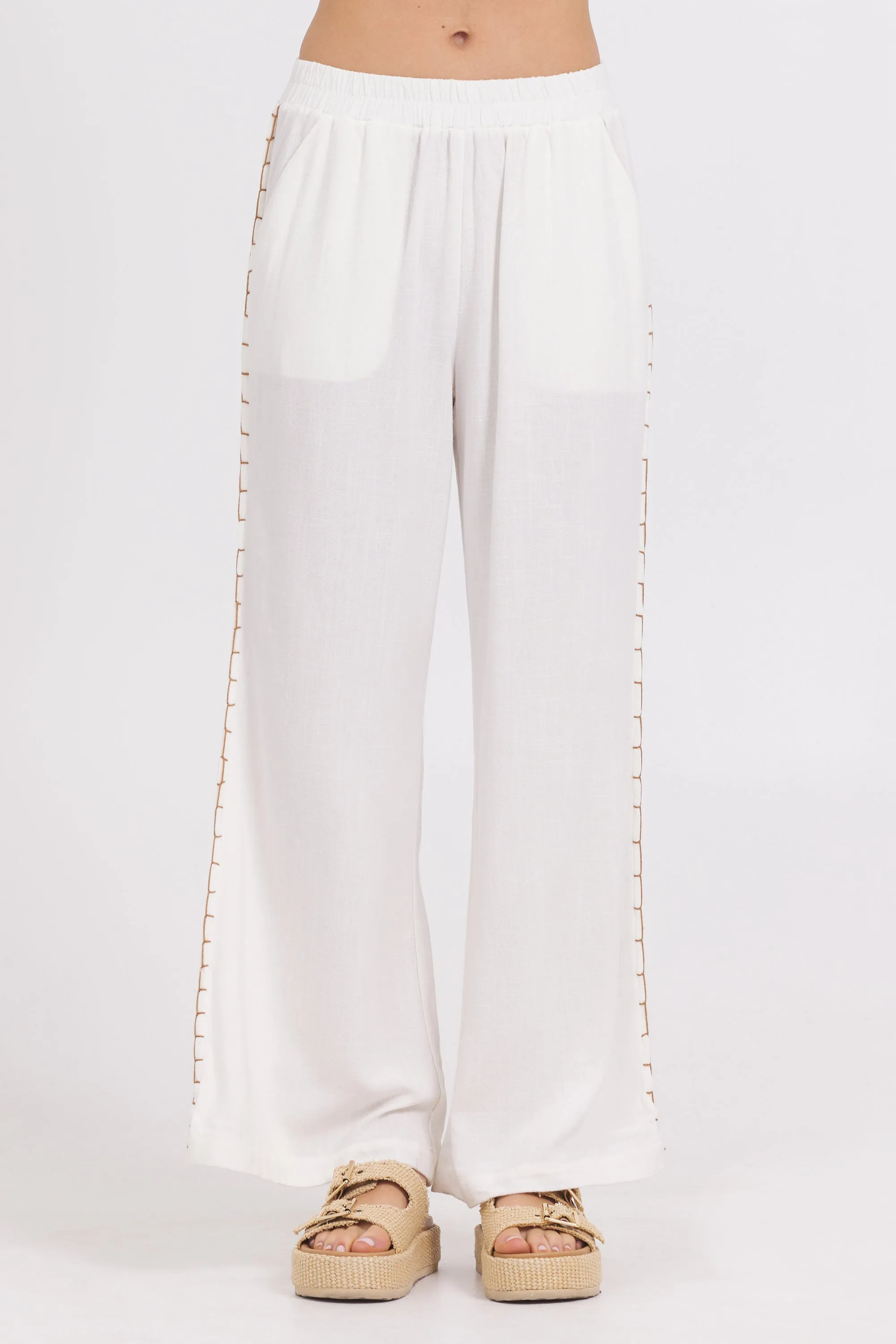 Washed Linen Wide Leg Pants w/ Whip Stitch