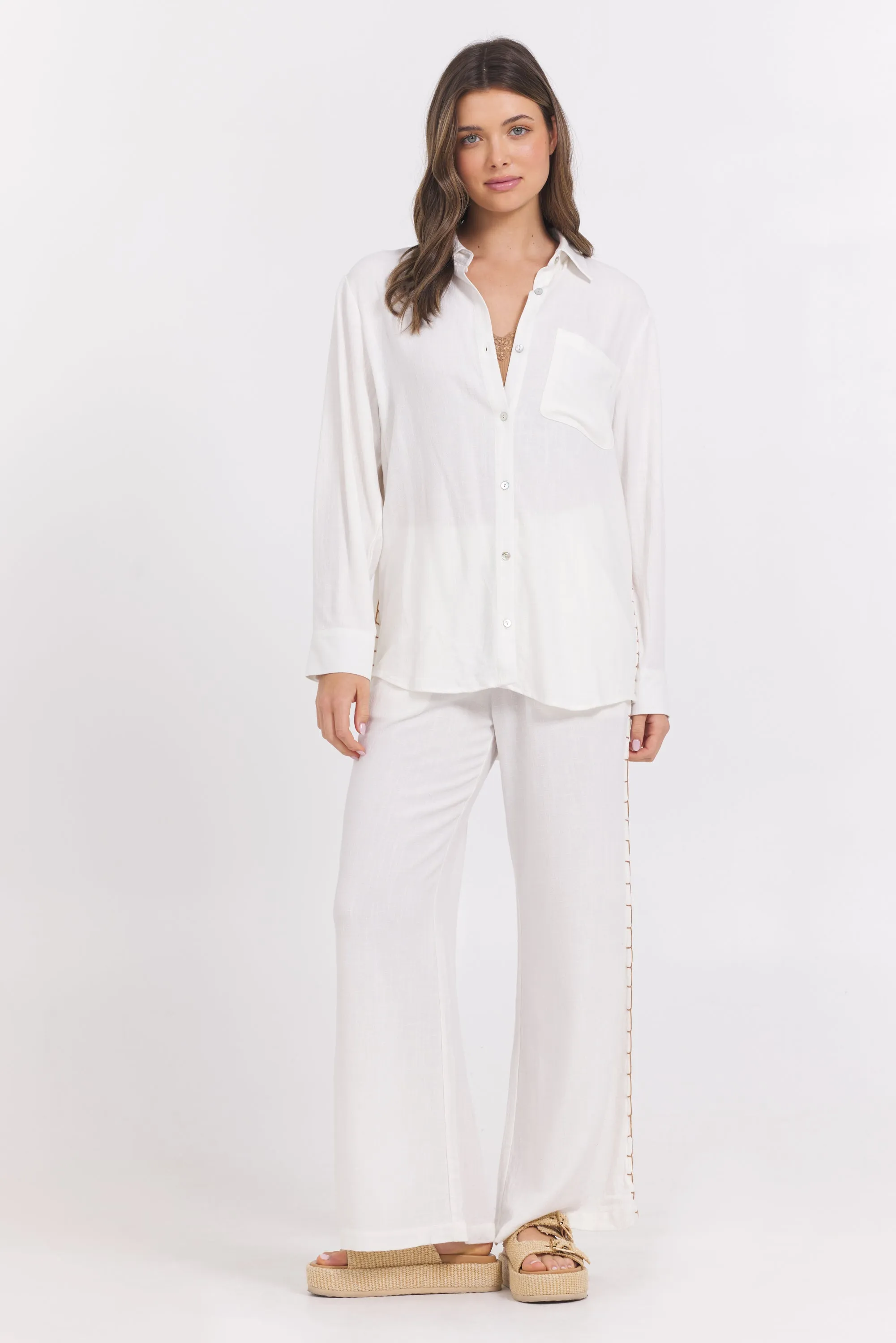 Washed Linen Wide Leg Pants w/ Whip Stitch