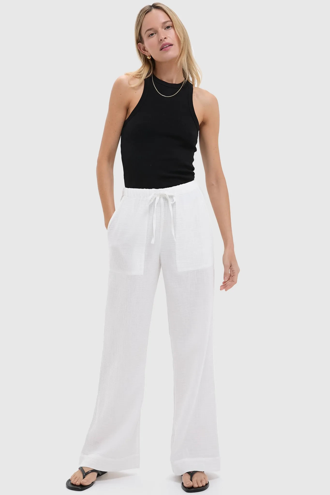 White Dune Cotton Gauze Wide Leg Pant